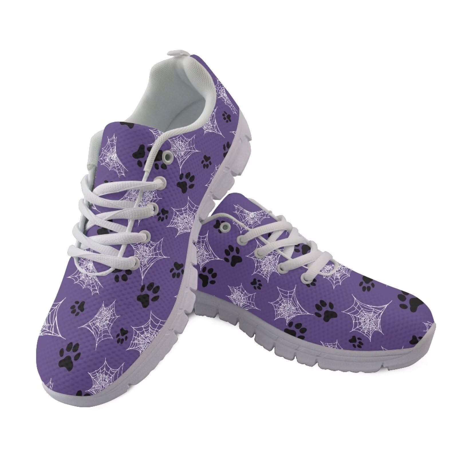 JUDENTIDOS Women Halloween Sneakers Purple Spider Webs Walking Shoes Lightweight Gym Sports Shoes Breathable Mesh Workout Casual Shoes