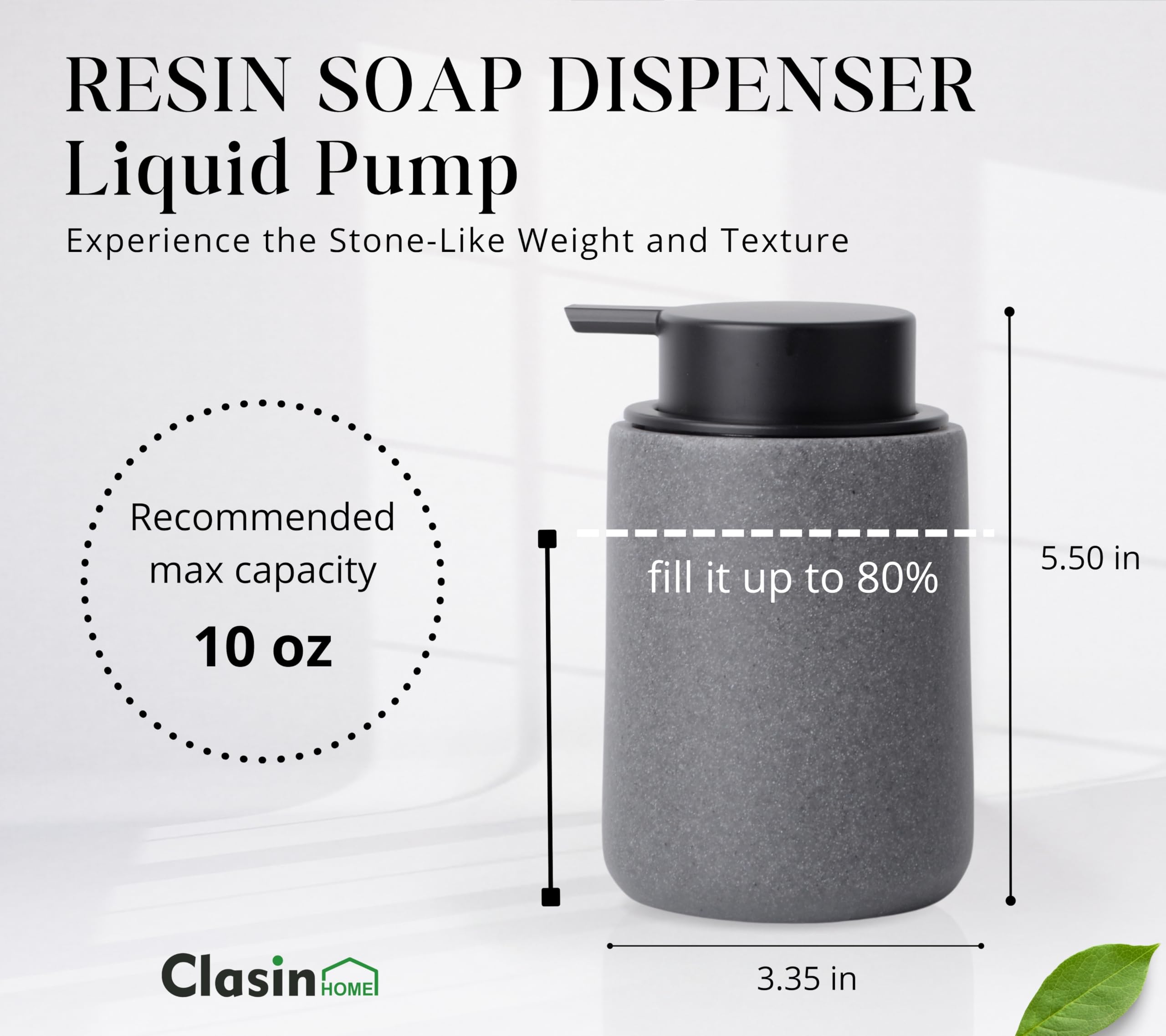 Clasin Home Resin Hand Soap Dispenser with Easy-to-Press Pump, Refillable Liquid Soap Dispenser with Sandstone Like Finish, Waterproof Bottle Labels for Bathroom Kitchen Dish Lotion (Gray, 10 oz)