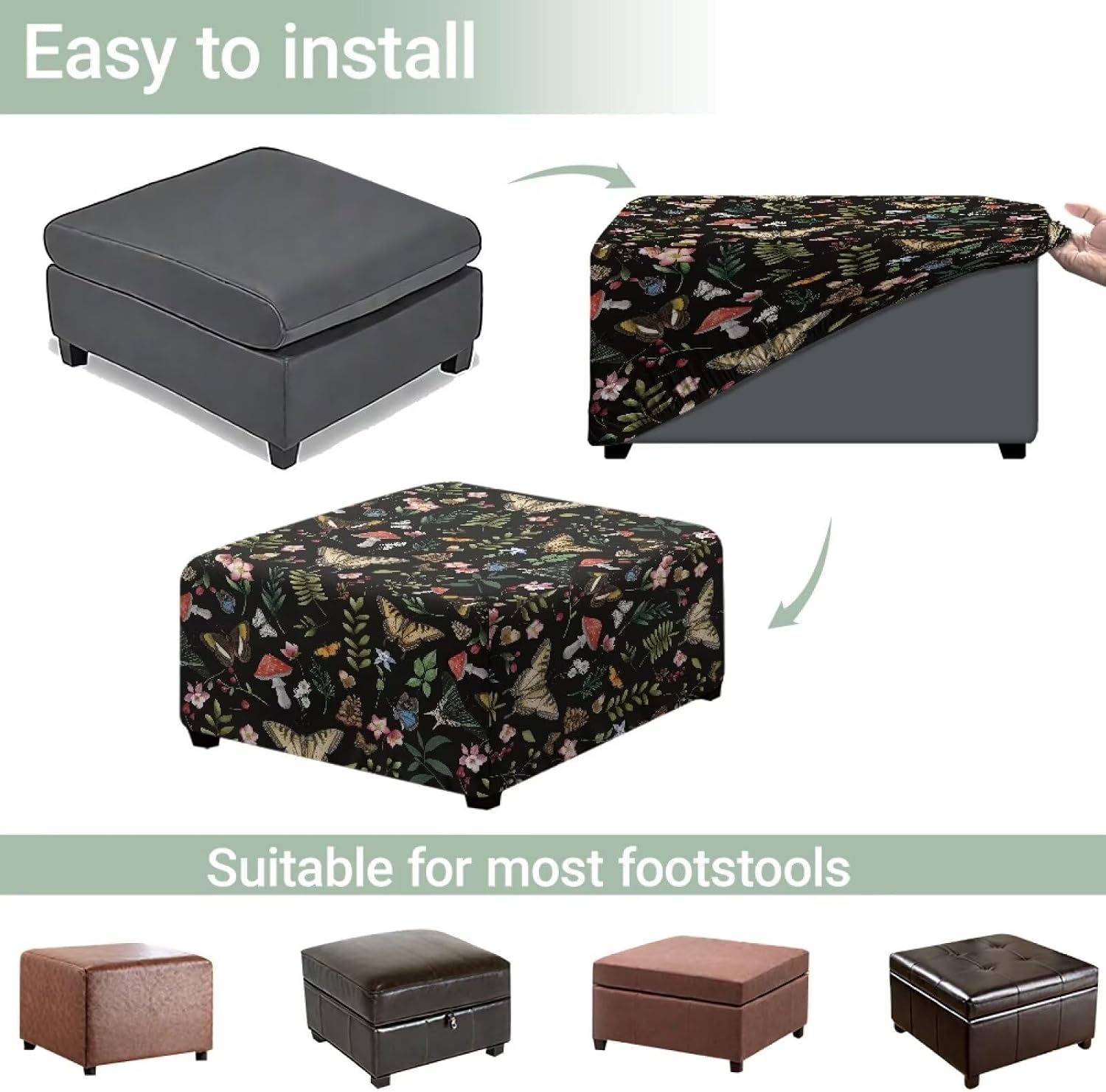 Suobstales Butterfly Mushroom Flower Leaves Print Ottoman Cover Stretch Square Ottoman Slipcovers Square Thick Ottoman Covers Slipcover for Ottomans Soft Foot Stool Cover with Elastic Bottom, L