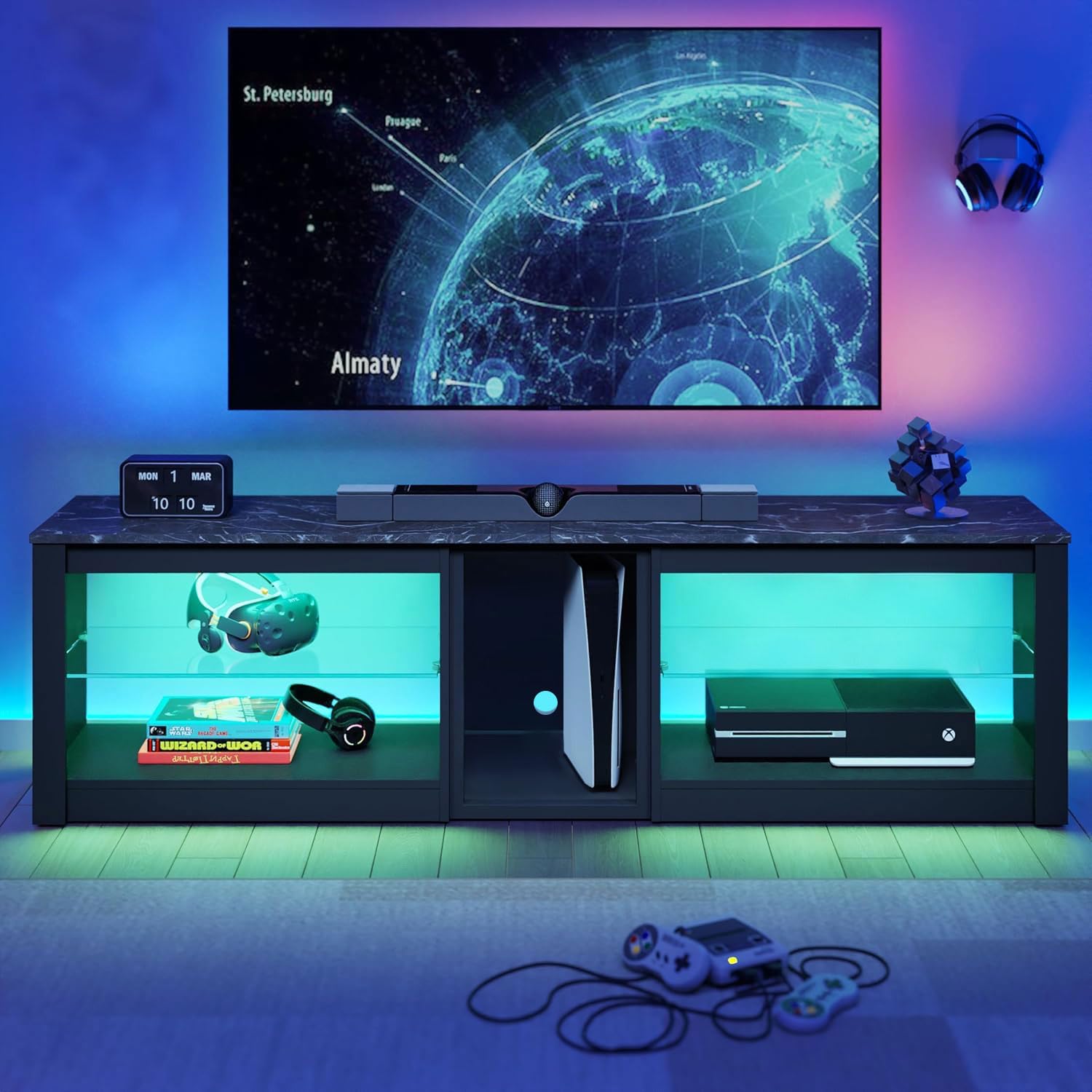 Bestier TV-Schrank, Lowboard für 65 Zoll & kleinere TVs, 160 x 35 x 52 cm, Fernsehschrank mit RGB-LED-Leuchten, Fernsehtisch mit integriertes Kabelmanagement, verstellbare Glasschale