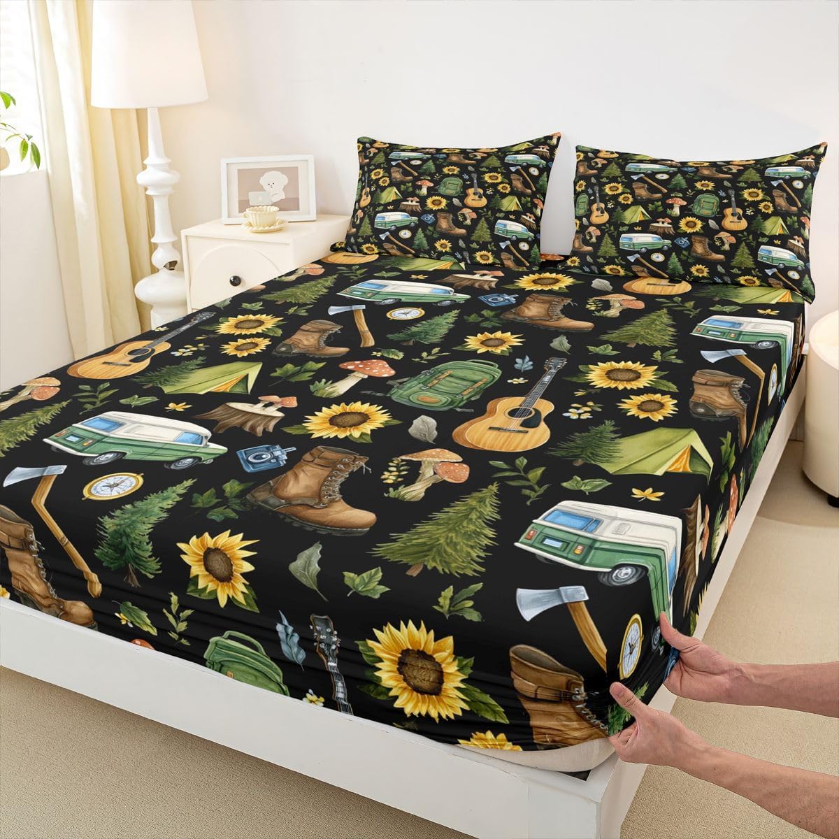 Erosebridal Vintage Camping Bedding Set Queen Retro RV Camper Compass Tent for Adults Fitted Sheet Sunflowers Pine Tree Bed Sheets,Rustic Farmhouse Style Bed Cover 3 Pcs