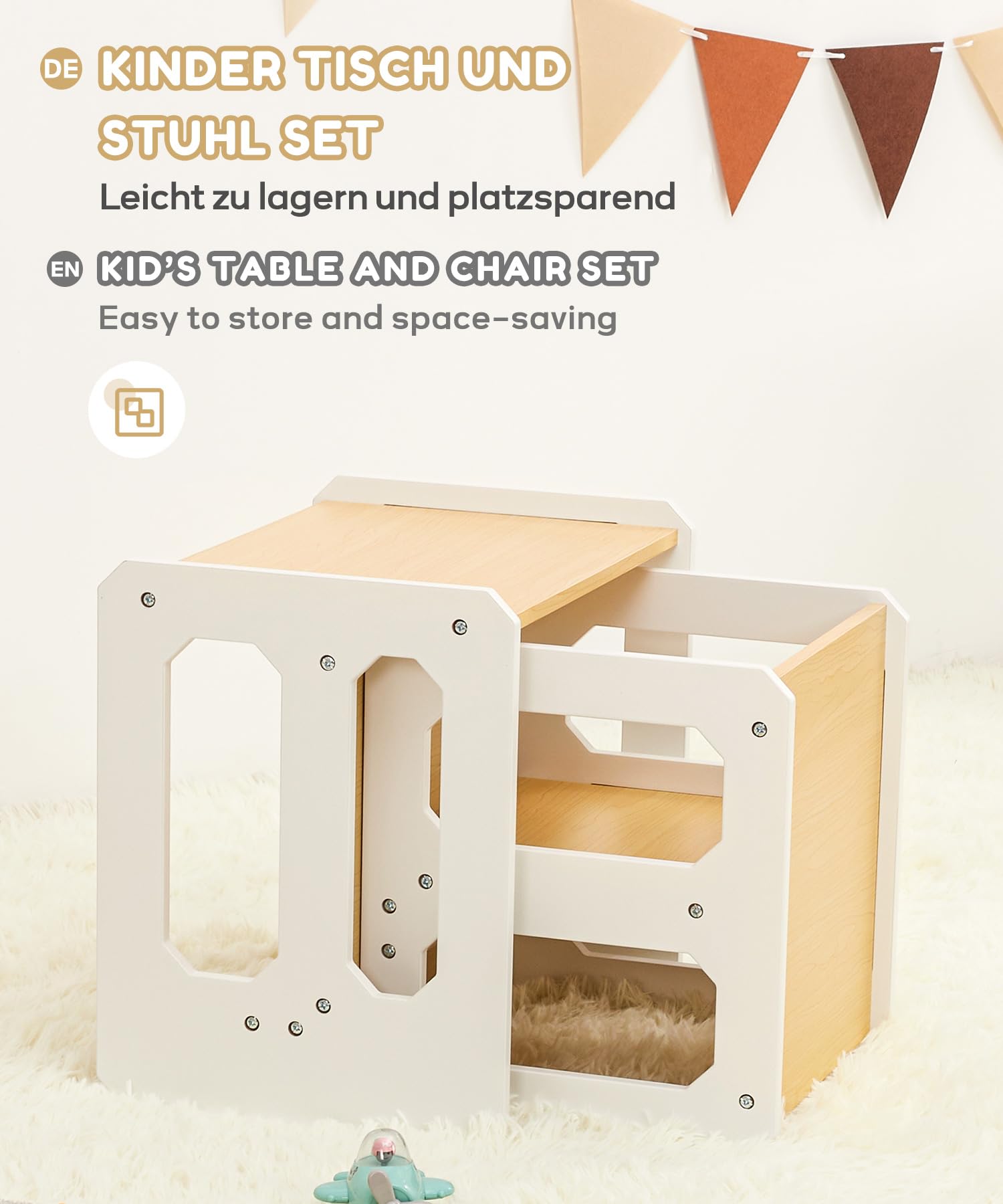 Yorbay Tisch und Stuhl Set für Kinder Kinderschreibtisch mit 1 Hockern, Kindersitzgruppe 3 in 1-Wendehocker & zum Kinderarbeitsplatz umwandelbarer Kinderbank, Kindermöbel(Natur, M)