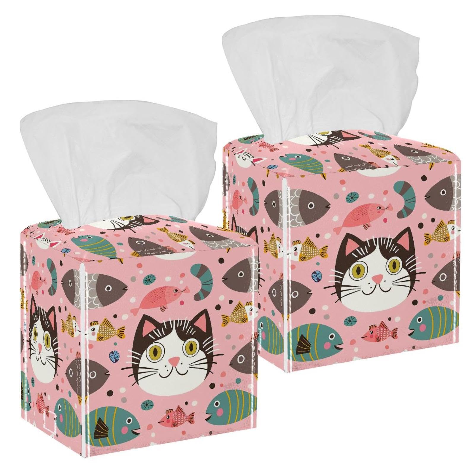 Cartoon Cat Tissue Box Cover, 2 Pack PU Leather Square Facial Tissue Dispenser Box holder for Home Office Car
