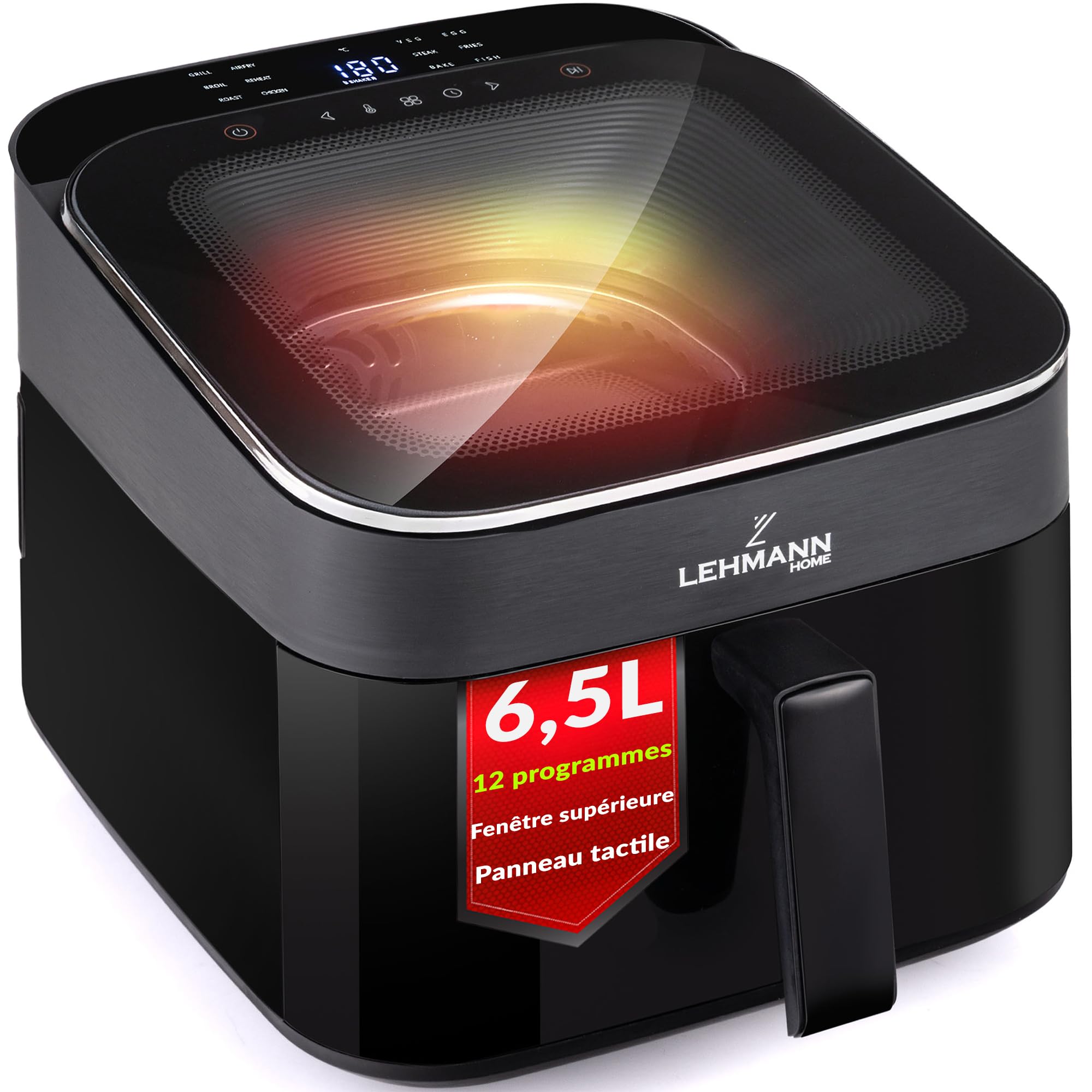 LEHMANN Air Fryer XL 6,5L, Friteuse sans Huile avec Fenêtre Panoramique Supérieure & Éclairage, Écran Tactile, 12 Programmes, Rappel pour Remuer, Grilles Antiadhésives Compatibles Lave-vaisselle