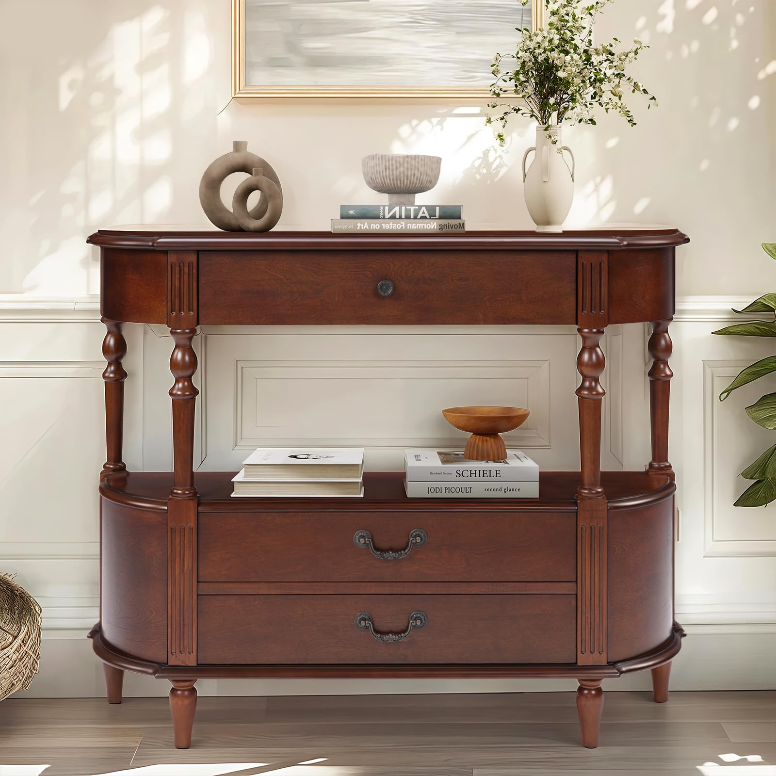 Solid Wood Retro Curved Console Table Cherry