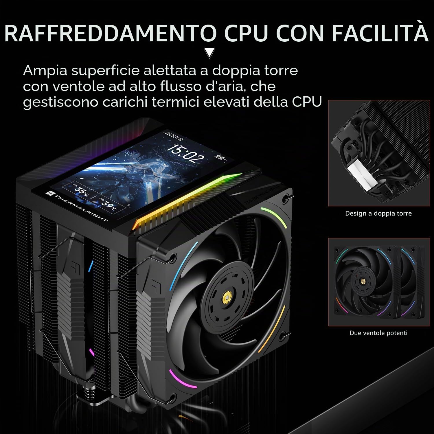 TR Peerless Assassin 120 VISION MAX ARGB Black CPU, raffreddatore PC con 2 ventole TL-K12 PWM, display magnetico da 5" (risoluzione 480 x 854) per LGA1851/1700 & AM5