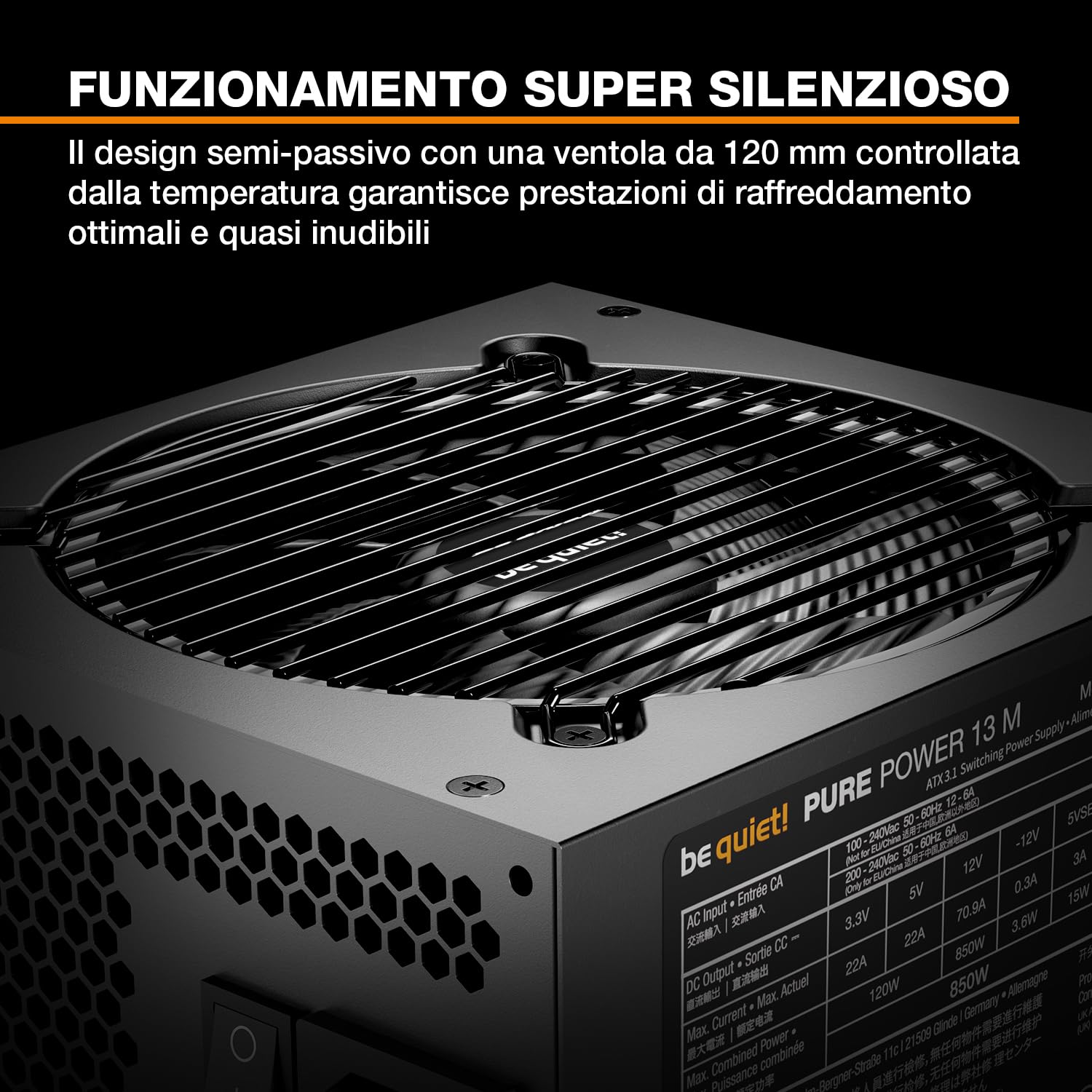be quiet! Pure Power 13 M 850W alimentatore, efficienza 80 PLUS® Gold, alimentatore ATX 3.1 con supporto per GPU PCIe 5.1, ventola be quiet! semi-passiva da 120 mm, tecnologia LLC, singola linea
