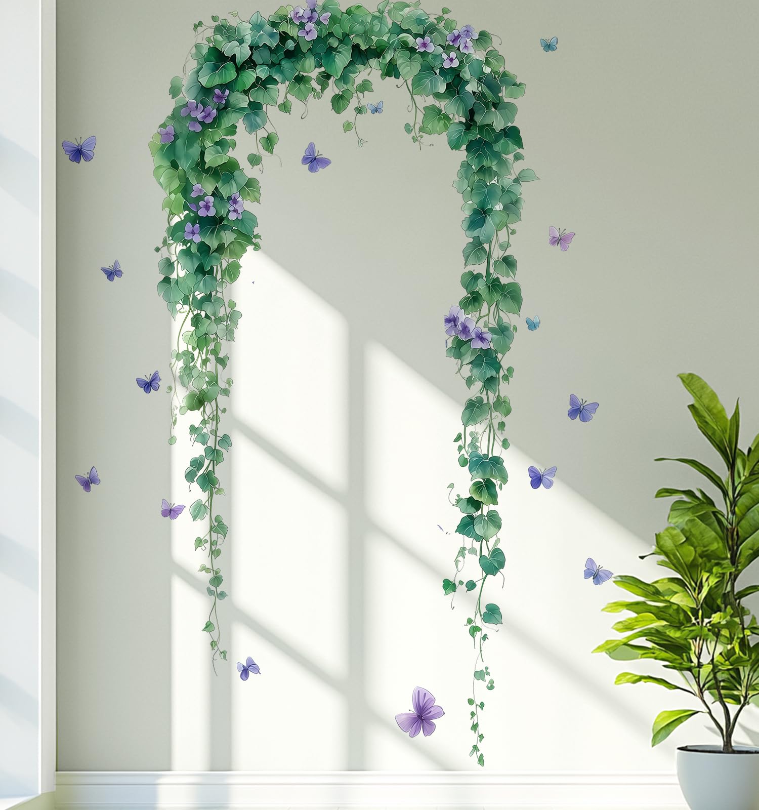 Vepret Green+Purple Green Vines Wall Decals - Watercolor Removable With Butterflies & Flowers, Self-Adhesive Botanical Decor For Bedroom, Nursery, Living Room