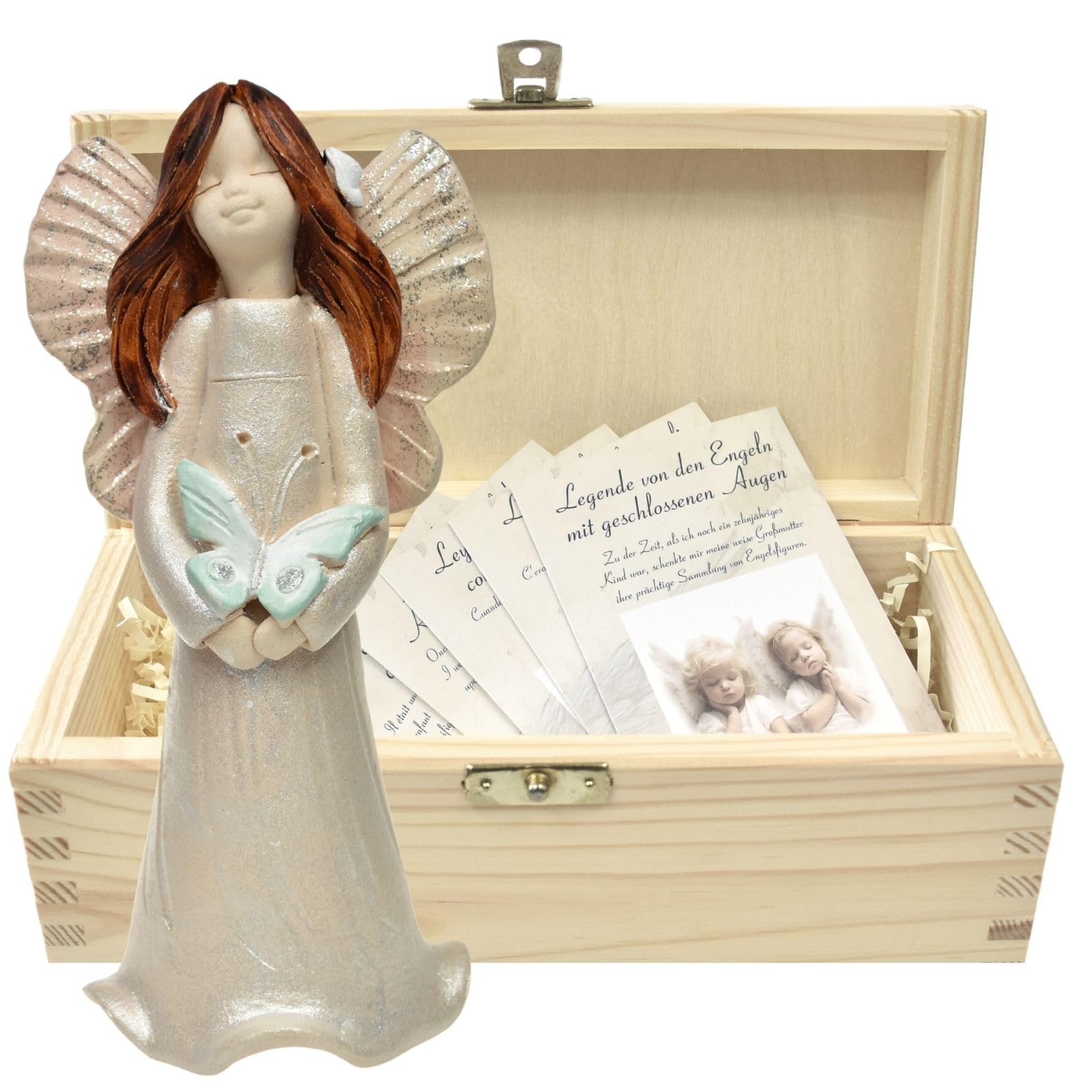 butterfly Figura De Ángel De Cerámica Con Mariposa En Caja De Madera Natural