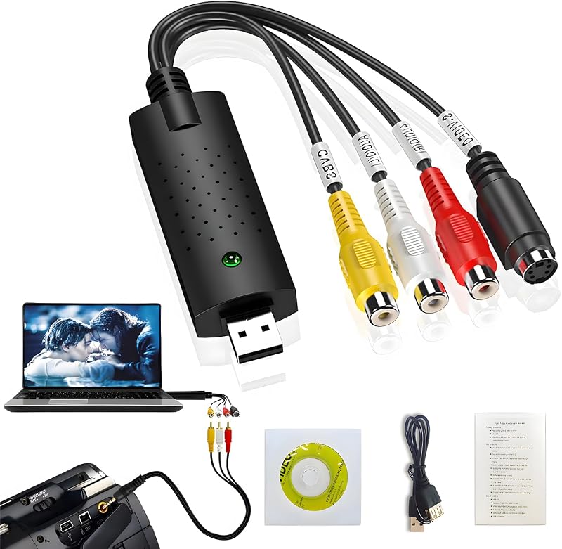 Tarjeta de captura, dispositivo de tarjeta de captura de vídeo USB, convertidor de audio y vídeo para RCA a USB, convertir VHS Mini DV VCR Hi8 DVD a digital, para PC, TV, reproductor de cinta, videocámara, compatible con MAC Windows Vista