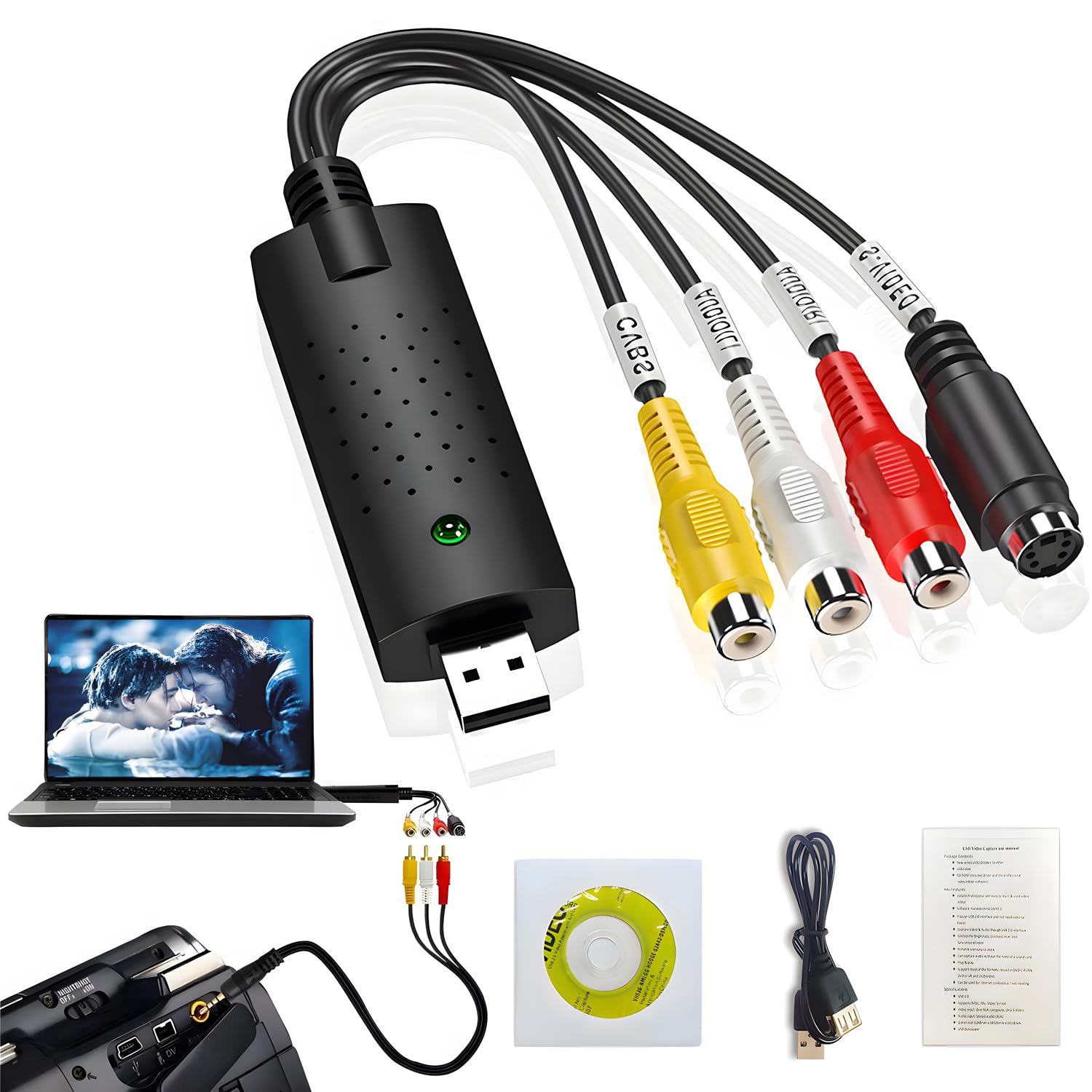 Tarjeta de captura, dispositivo de tarjeta de captura de video USB, convertidor de audio y video para RCA a USB-Convert VHS Mini DV VCR Hi8 DVD a digital, para PC, TV, reproductor de cinta