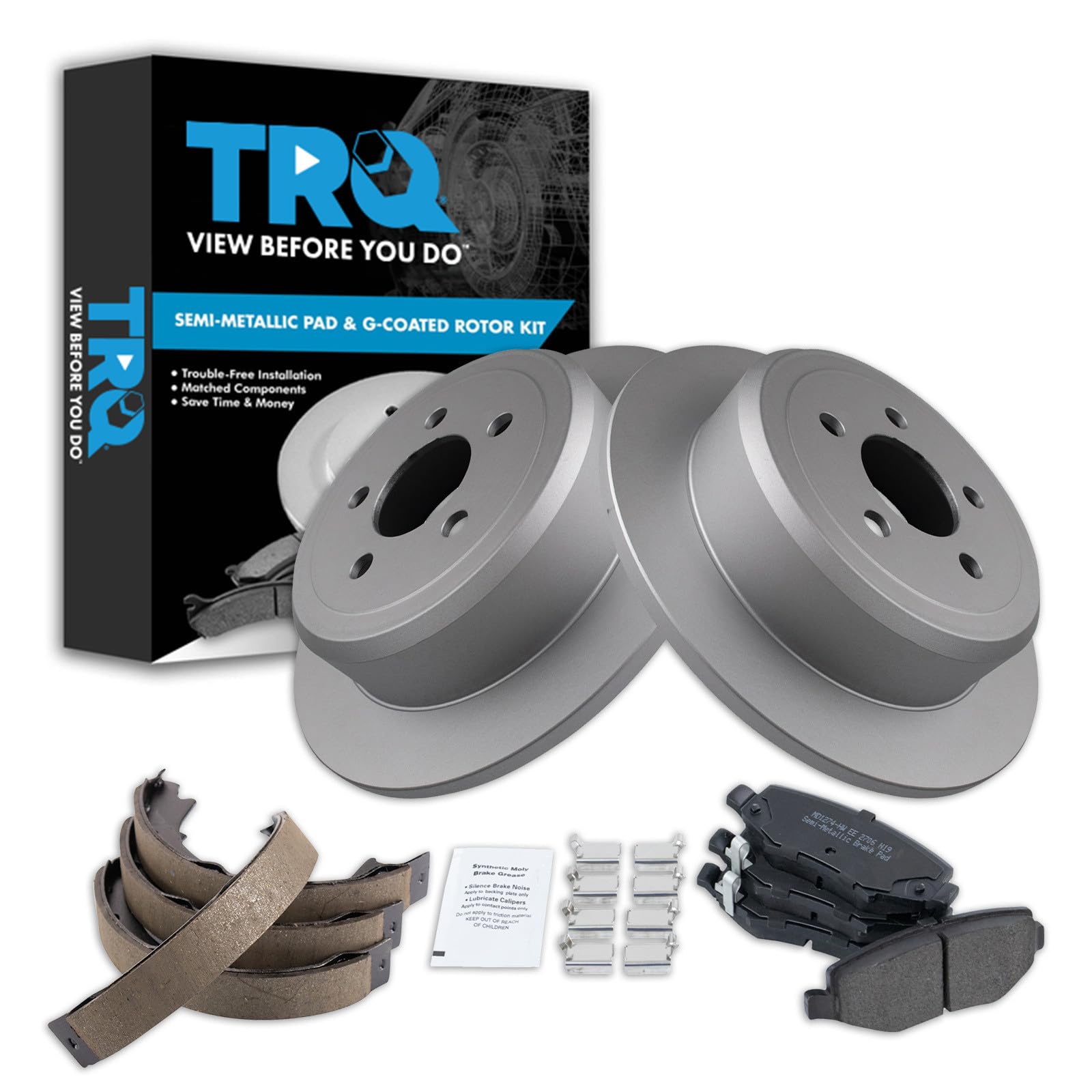 TRQ Rear Brake Pad and Rotor Set Semi Metallic G Coated Rotors Parking Brake Shoe Compatible with 2007-2011 Dodge Nitro 2008-2012 Jeep Liberty