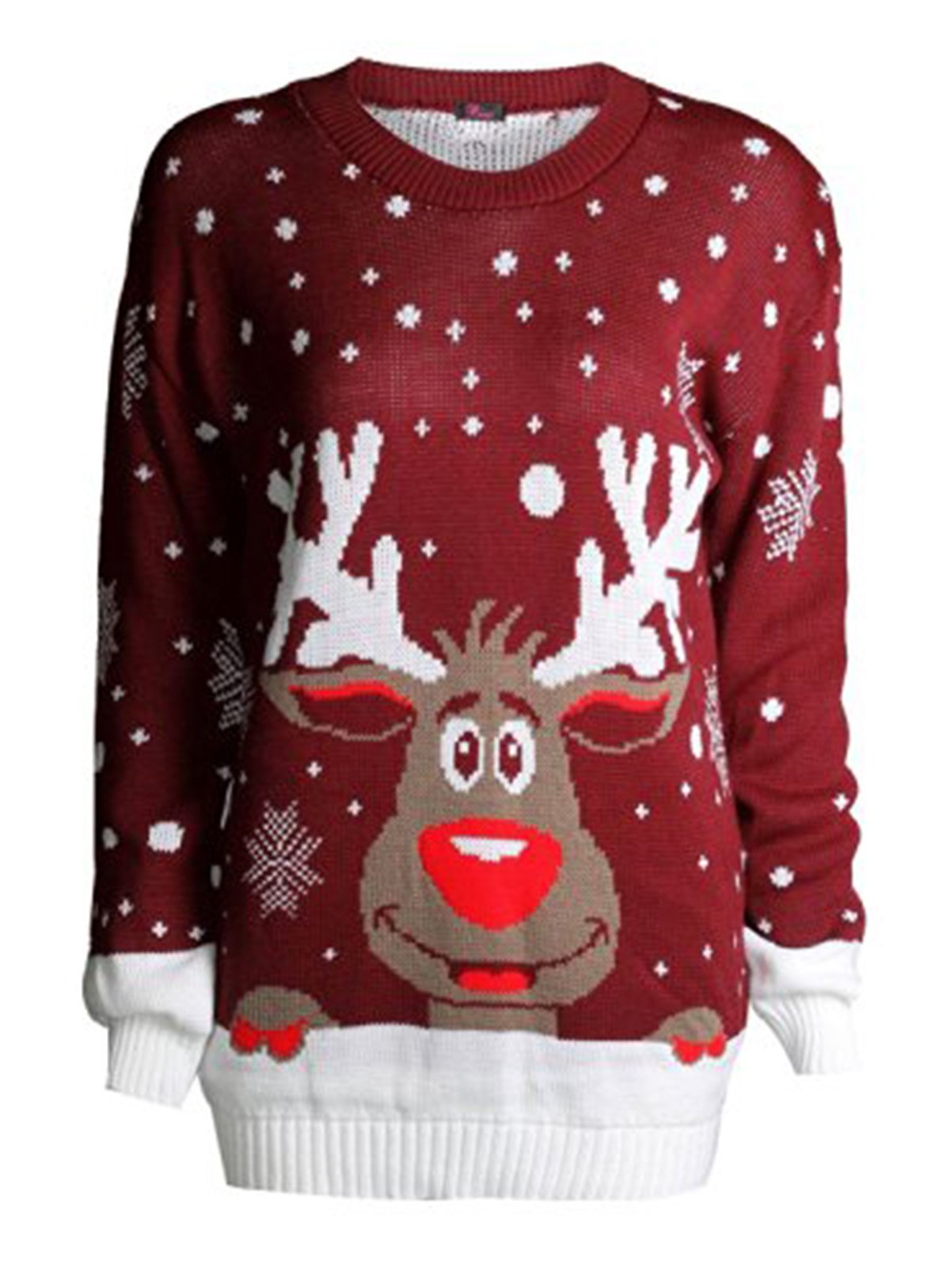GirlzWalk Women Reindeer Snow Flakes Star Xmas Knitted Jumper Wine