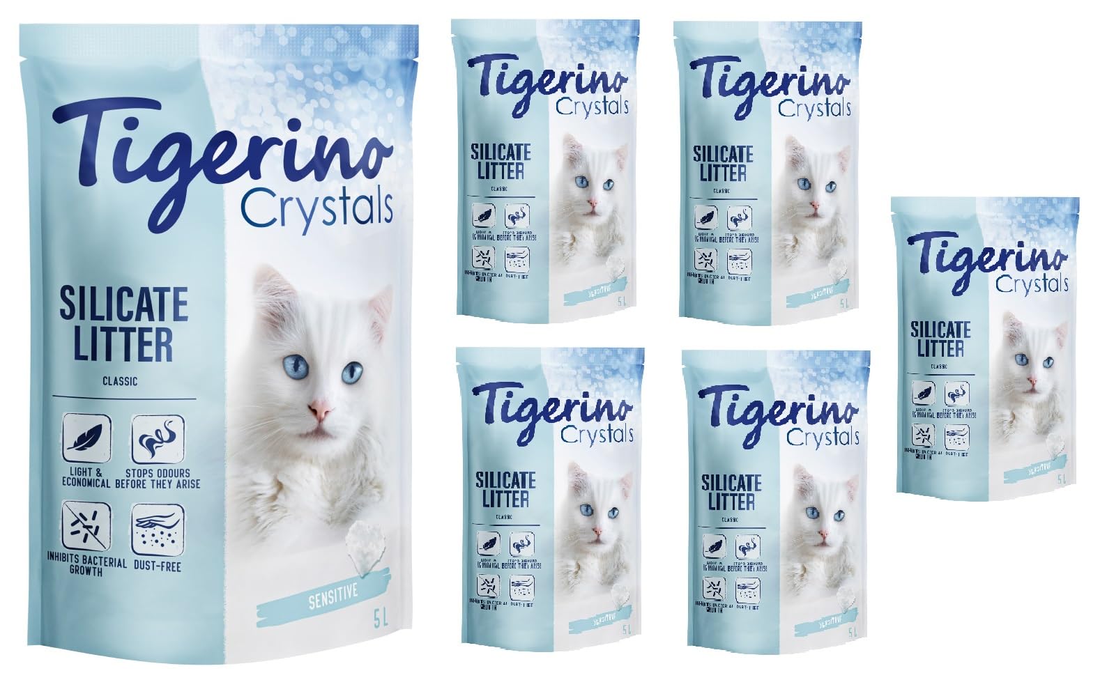 Tigerino Crystals - Lettiera per gatti, 30 l, priva di polvere, estremamente assorbente e ad alte prestazioni, blocca gli odori, inibisce la crescita batterica, 6 x 5 litri (Classic Sensitive, senza