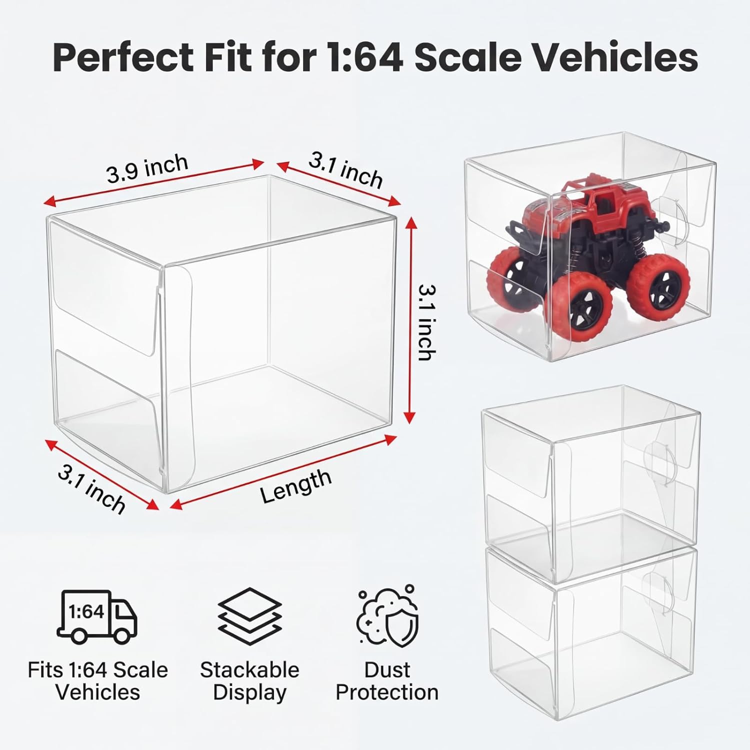 Wenqik 100 Pack Clear Monster Trucks Display Cases for 1:64 Monster Trucks & Diecast Cars, Toy Car Storage and Display Boxes, Dustproof Individual Protector Cases for Model Cars, 3.1 x 3.1 x 3.9 Inch