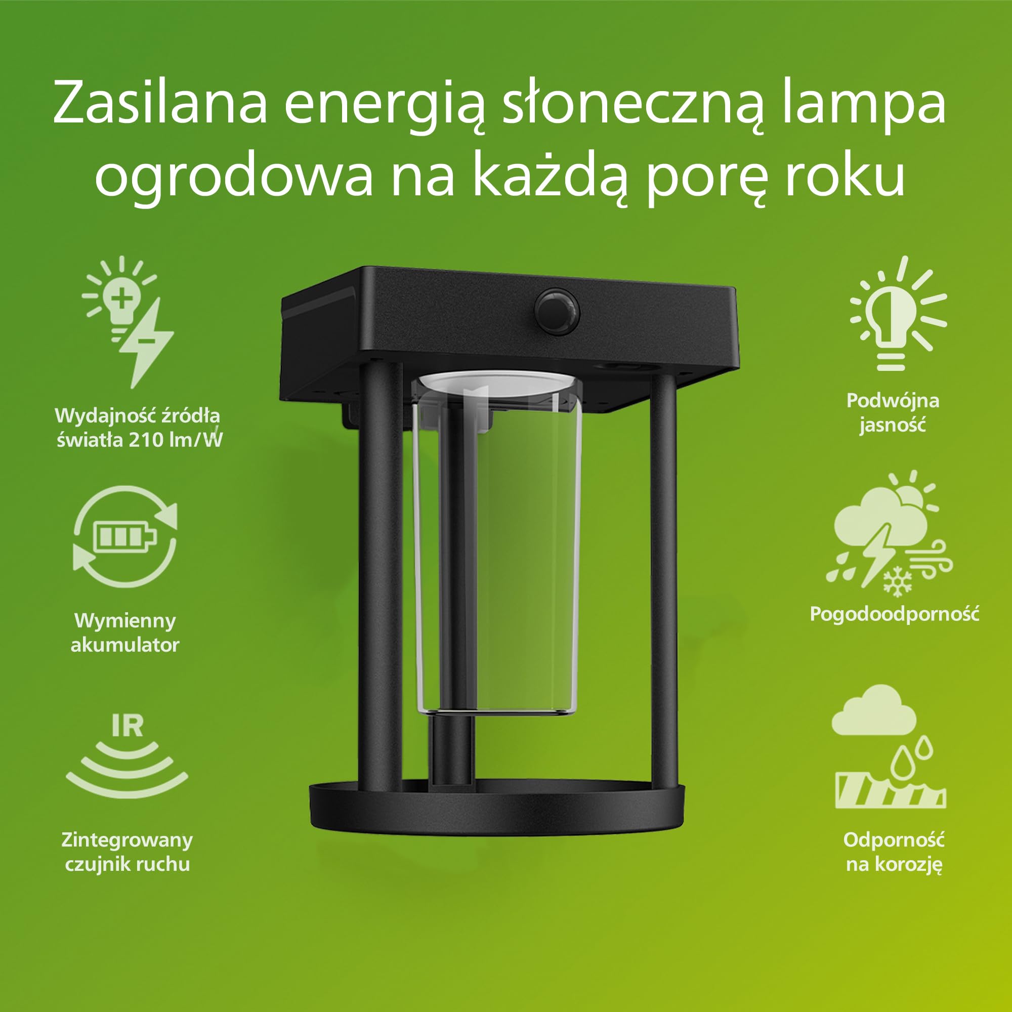 Philips Camill Ultraefficient Zewnętrzny Kinkiet Solarny, Okrągły, 1.4 W, 3000 K, Czarny, Przezroczysty, Czujnik Ruchu, Stopień Ochrony Ip44