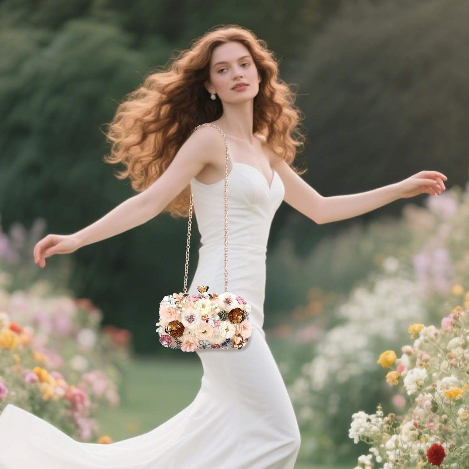 Women's Floral Evening Clutch Bag - Colorful Flower Handbag with Metal Rhinestones - Image 7