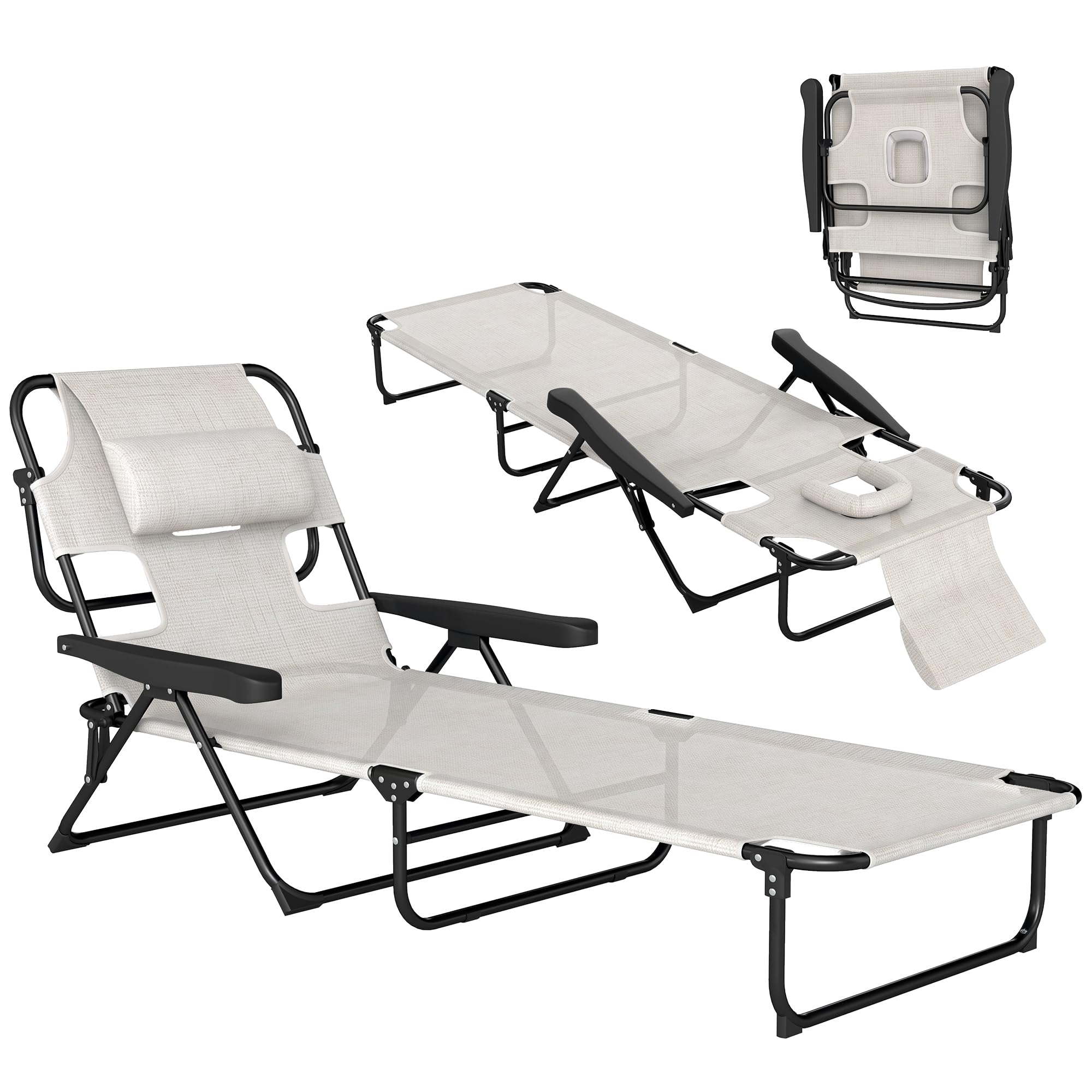 Outsunny Tumbona Plegable, Tumbona Jardín Exterior con Respaldo Ajustable en 4 Posiciones, Orificio de Lectura, Reposacabezas y Brazos, Carga 120 kg, para Terraza, Piscina, 145x72x89 cm, Crema