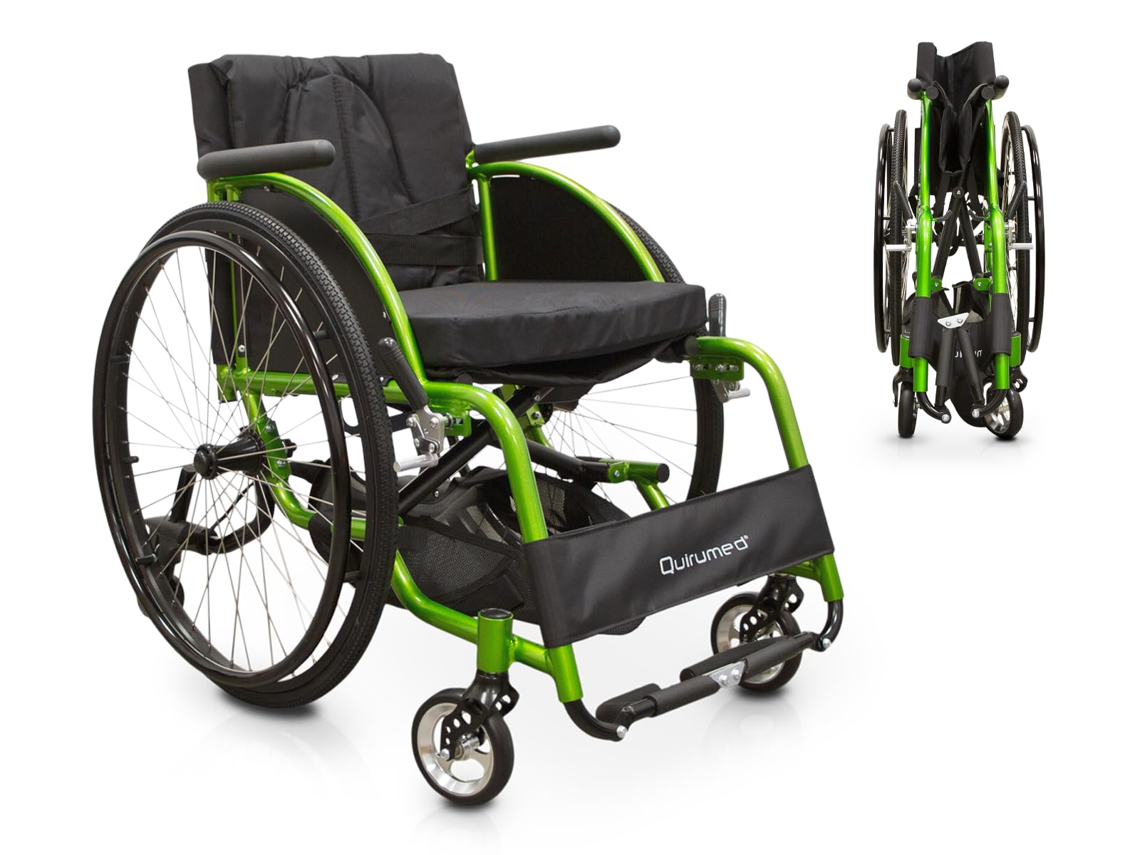 QUIRUMED Silla de ruedas deportiva, Plegable, Aluminio, Asiento acolchado, Cinturón de seguridad, Liberación rápida, Freno manual, Bolsillo portaobjetos, 74 x 57 x 84 cm