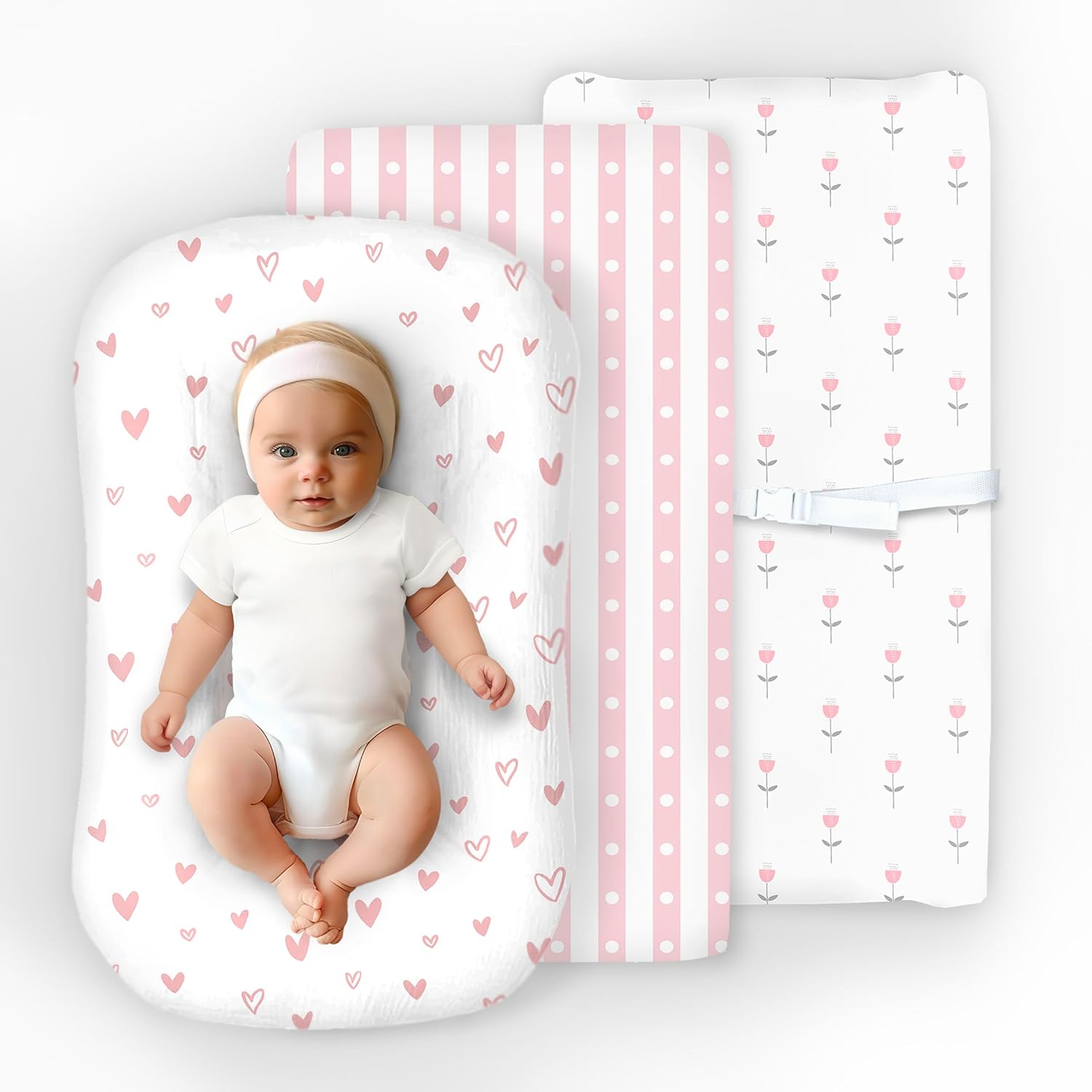 100% Organic Cotton Baby Lounger or Changing Pad Covers with Reenforced Safety Strap Holes. Fits Evolur, Munchkin, Delta, Snuggle Me and More. Multi-Use, Pink for Girl. 3 Pk of Covers Only.