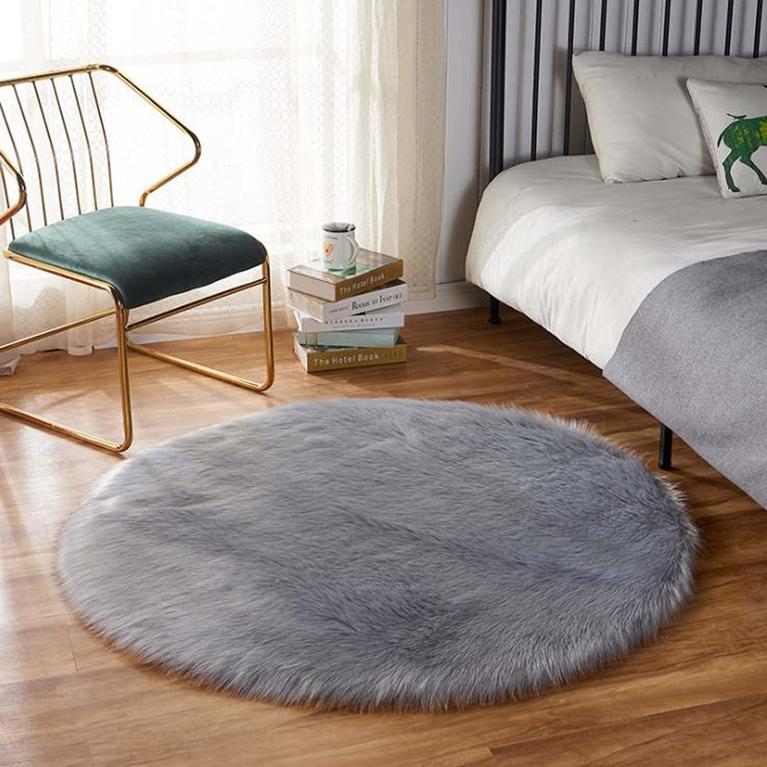 Dhao Tapis Rond Doux Faux en Peau de Mouton Imitation Toison Moquette Fluffy Soft Longhair Décoratif pour Le Salon Chambre à Coucher Canapé (Gris,120cm)