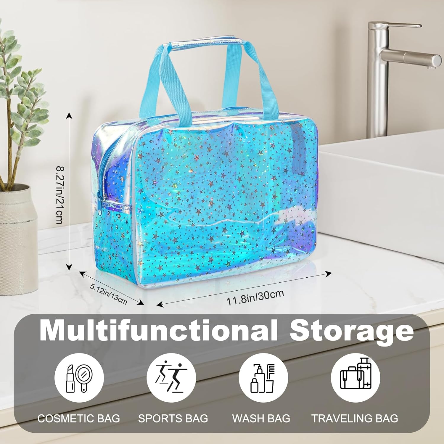 TPU Clear Makeup Bag for Women Waterproof Star Make Up Bag Toiletry Bag Travel Durable Cosmetic Bag Large Cute Tote Bag Organizer Makeup Pouch, Rainbow Blue - Image 4