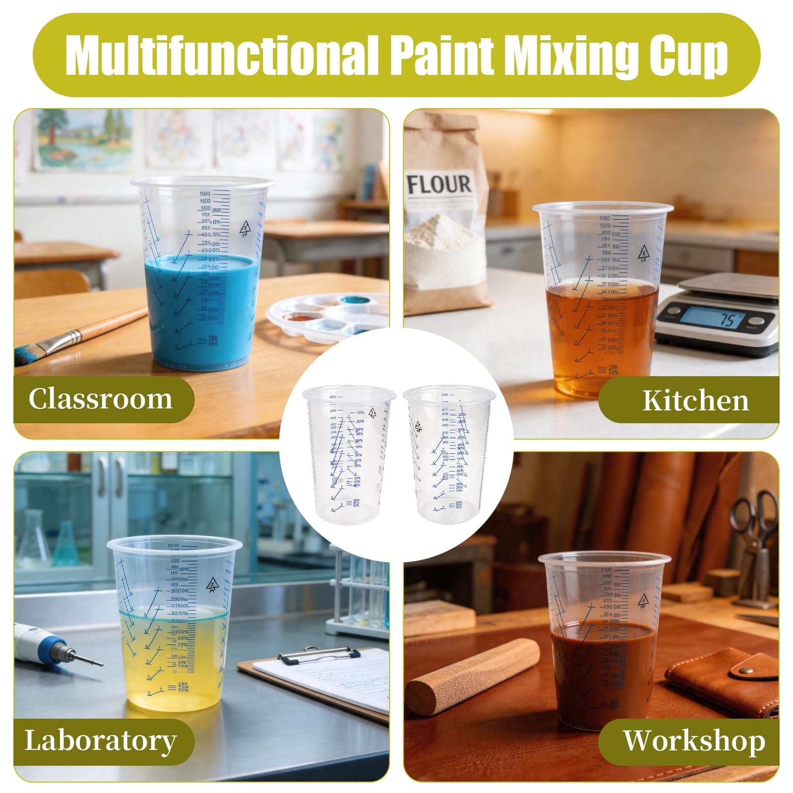 Lot de 30 tasses à mesurer en plastique transparent de 1 000 ml avec échelle double face, tasses graduées pour mélange de pigments, artisanat, cuisine, laboratoire