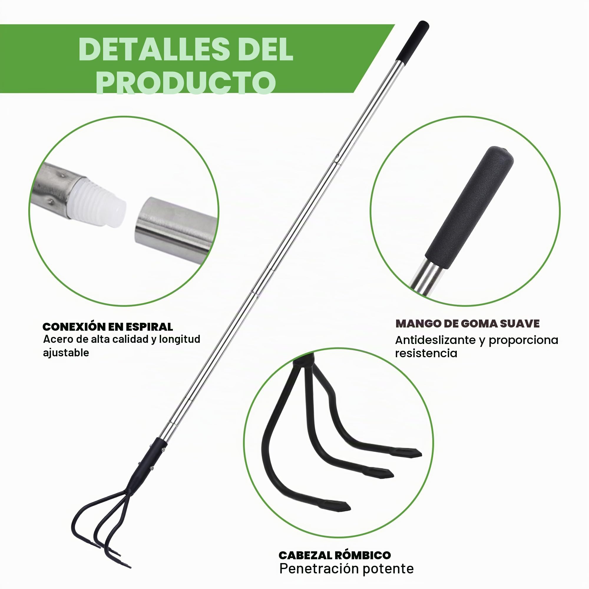 YEELOR Cultivador de jardín multifuncional 3 garras mango largo ajustable 140 cm herramientas de deshierbe aflojamiento suelo