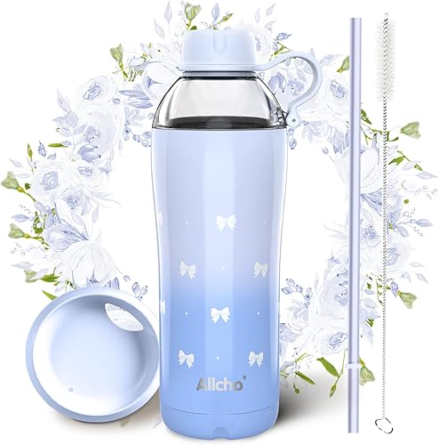 Miniatura 11 de Botella de agua aislada para mujeres, botellas de agua de acero inoxidable de 18 oz, de doble pared, 2 tapas (para beber y taza) - Hidrata y Púrpura