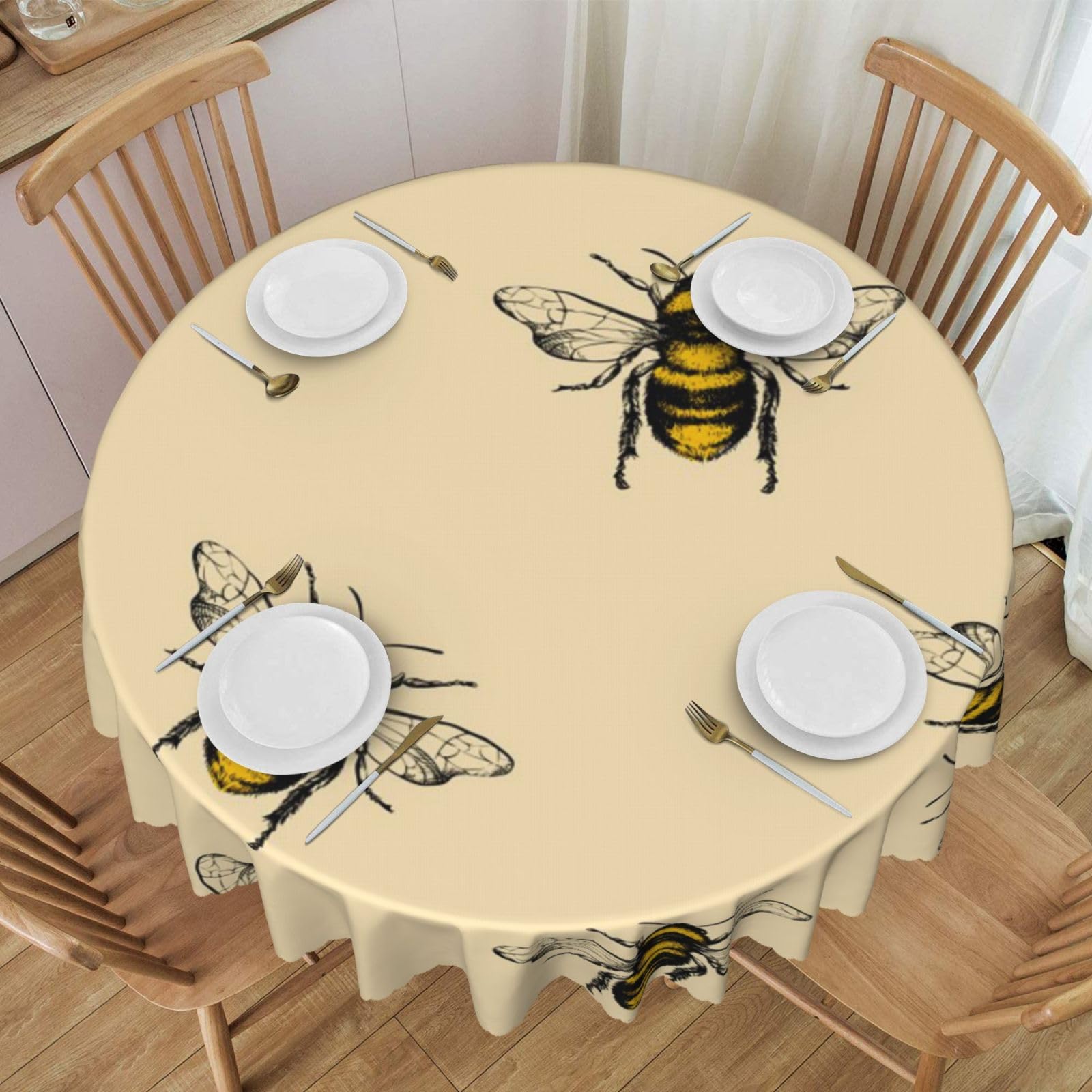 DCEHGEW 60 In Round Tablecloth with Lace, Honey Bee Printed Oilproof & Washable Fabric Picnic Table Cloth Table Covers