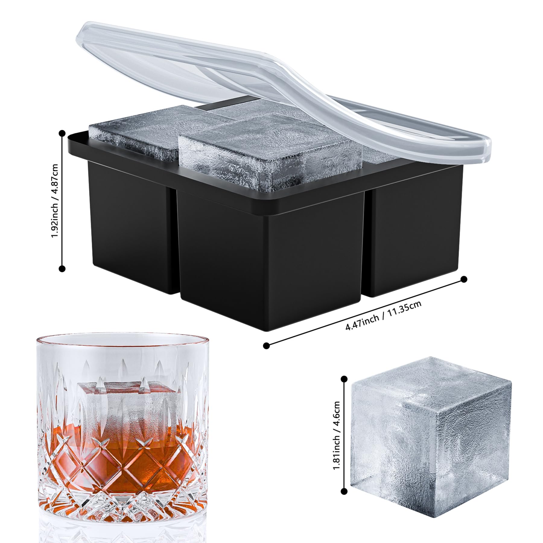 Bangp Große Eiswürfelform für Whiskey, Silikon-Eiswürfelformen, 2 Stück, große Eiswürfelformen mit auslaufsicherem, abnehmbarem Deckel, quadratische Eiswürfelform für Whisky und Cocktail