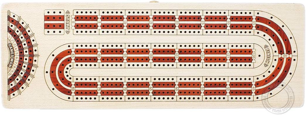 House of Cribbage - 4 Track - Continuous Cribbage Board Alphabet e Shape Inlaid in Maple Wood/Bloodwood : Size - 13.5" x 4.75" - Separate Storage Space for Two Deck of Cards & Pegs