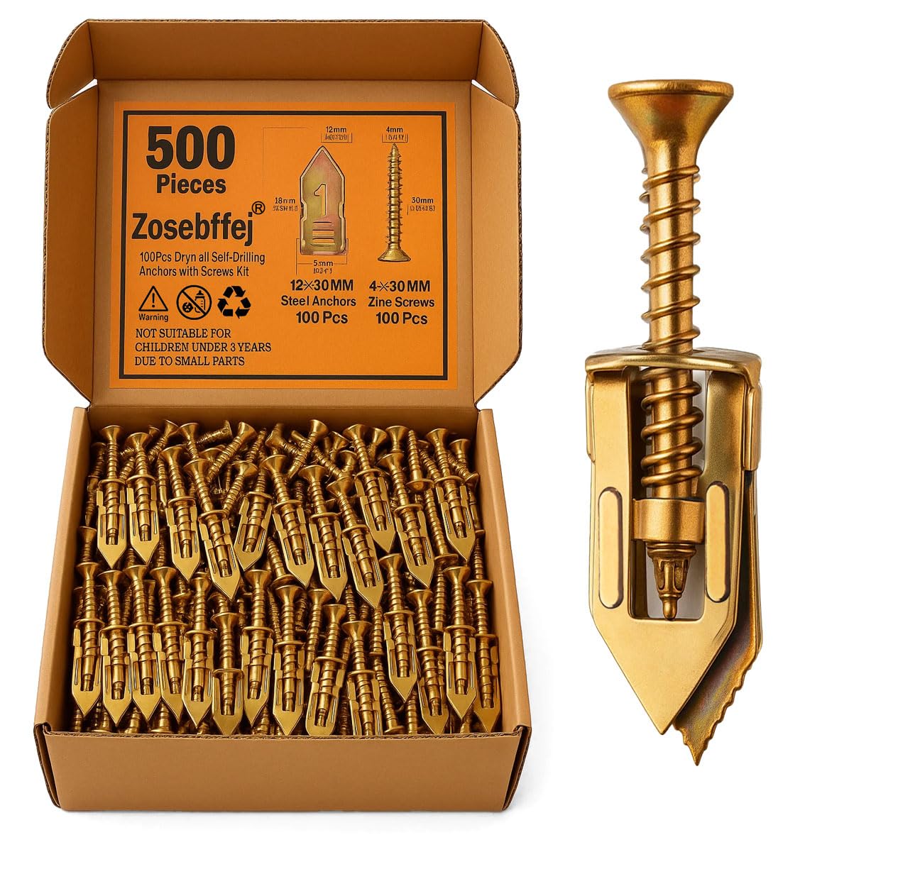 500 PCS self Drilling Drywall Anchors and Screws kit,Metal Dry Wall Anchors (0.47X1.18inch) and 80 Zinc Plated Screws, Easy Application No Drill or Holes in Wall. (Mix sizes-500pcs)