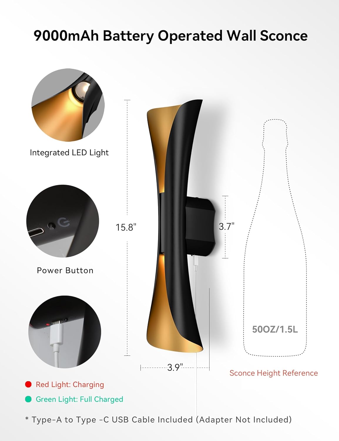 Tubicen Battery Operated Wall Sconce 9000mAh Rechargeable Up Down Wall Lights Cordless Movie Theater Sconces with Remote 2700K-5000K Dimmable Art Deco Wall Sconce for Living Room Bedroom 15.7" H