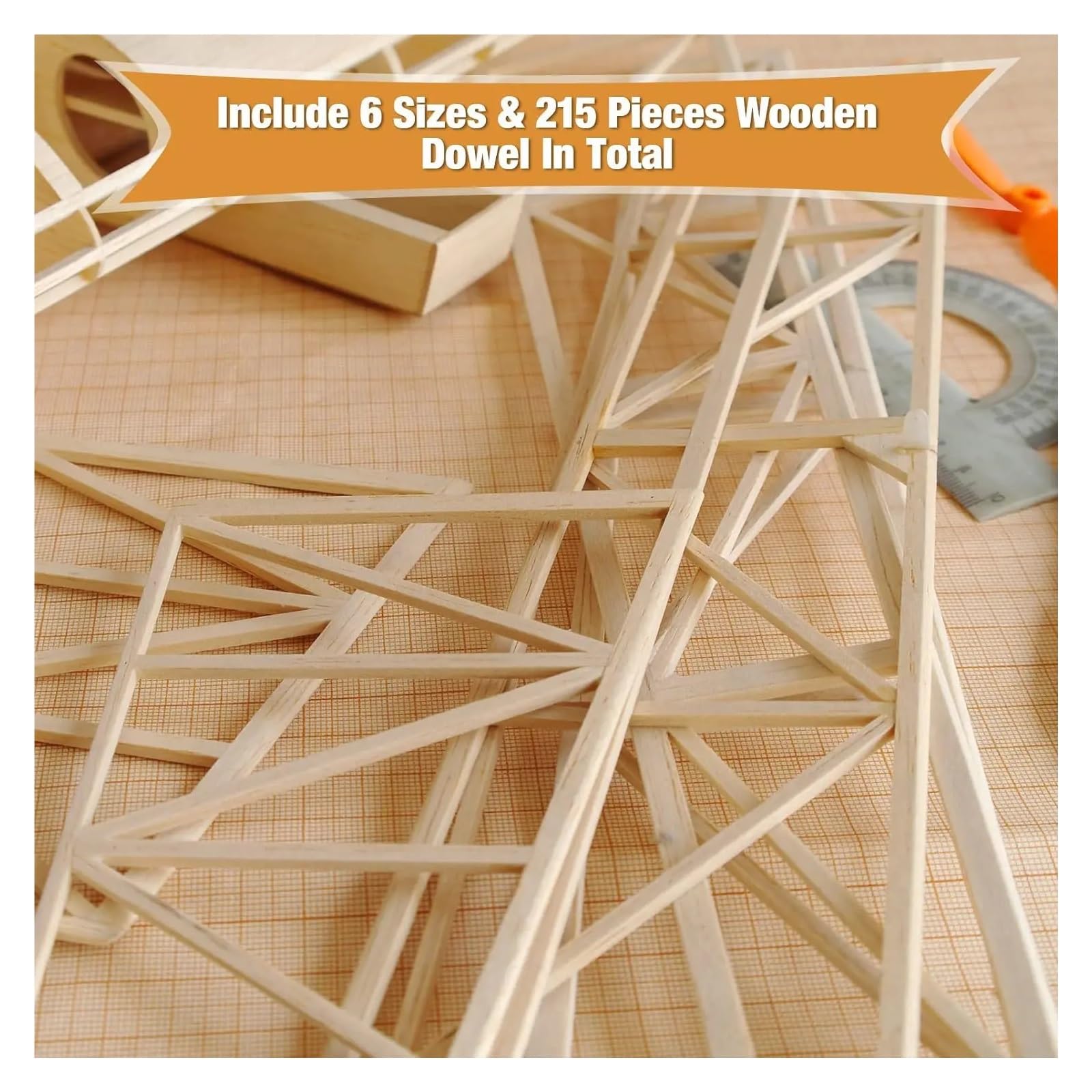 Drewniane pręty kołkowe, Zestaw różnorodnych naturalnych drewnianych patyczków w różnych rozmiarach do majsterkowania, modelarstwa i dekoracji(2x10x200mm 50pcs)