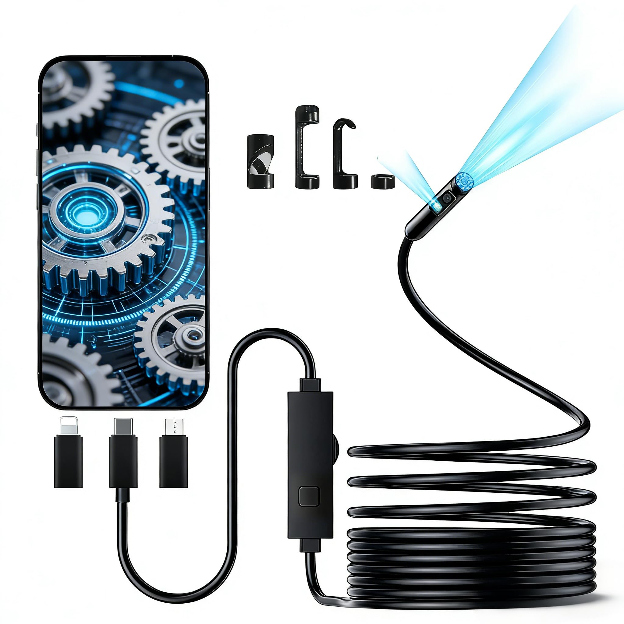 Caméra endoscopique avec lumière, 1920p à double objectif avec 8 lumières LED réglables, étanchéité IP67, endoscope d'inspection pour iPhone Android, caméra semi-rigide serpent de 5 m pour automobile