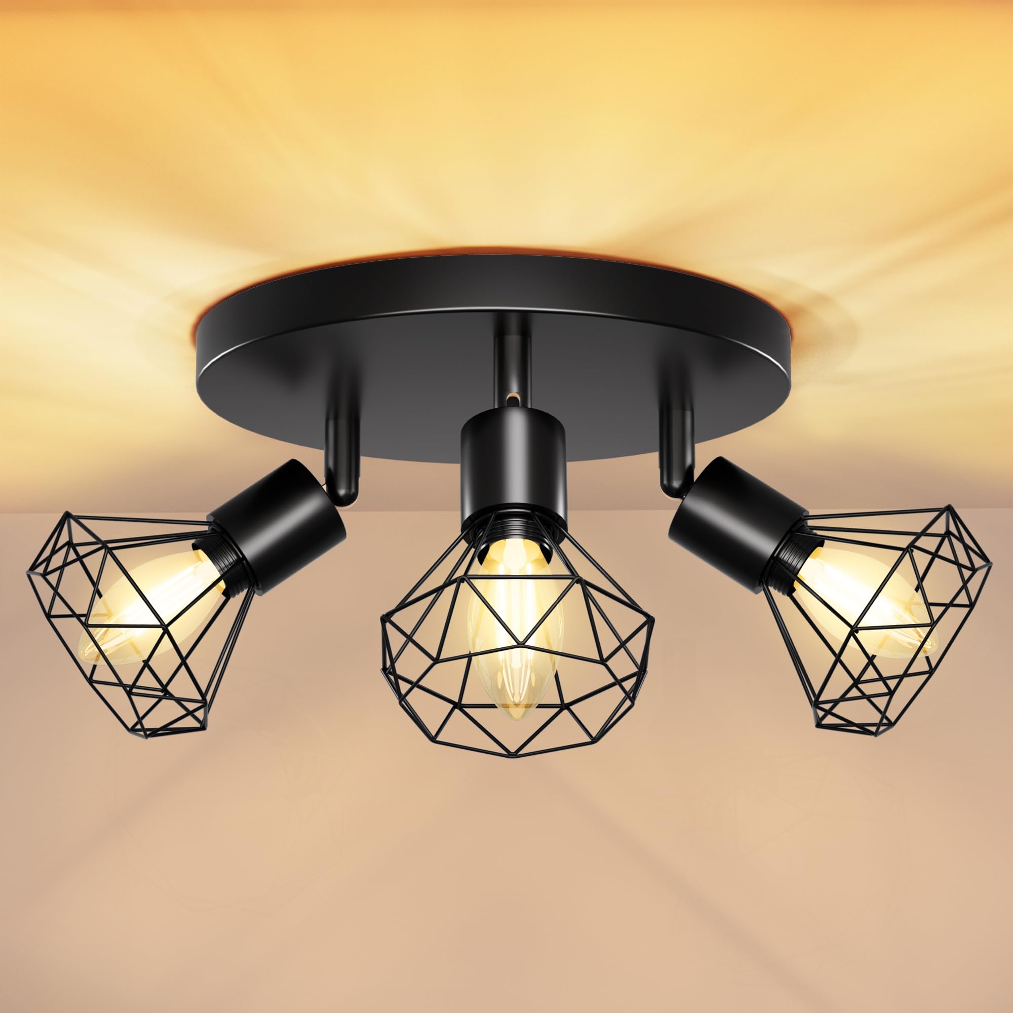 Lámpara de Techo LED Orientable 350° Con 3 Focos E14 - Negra Para Cocina, Salón y Pasillo - Colgante