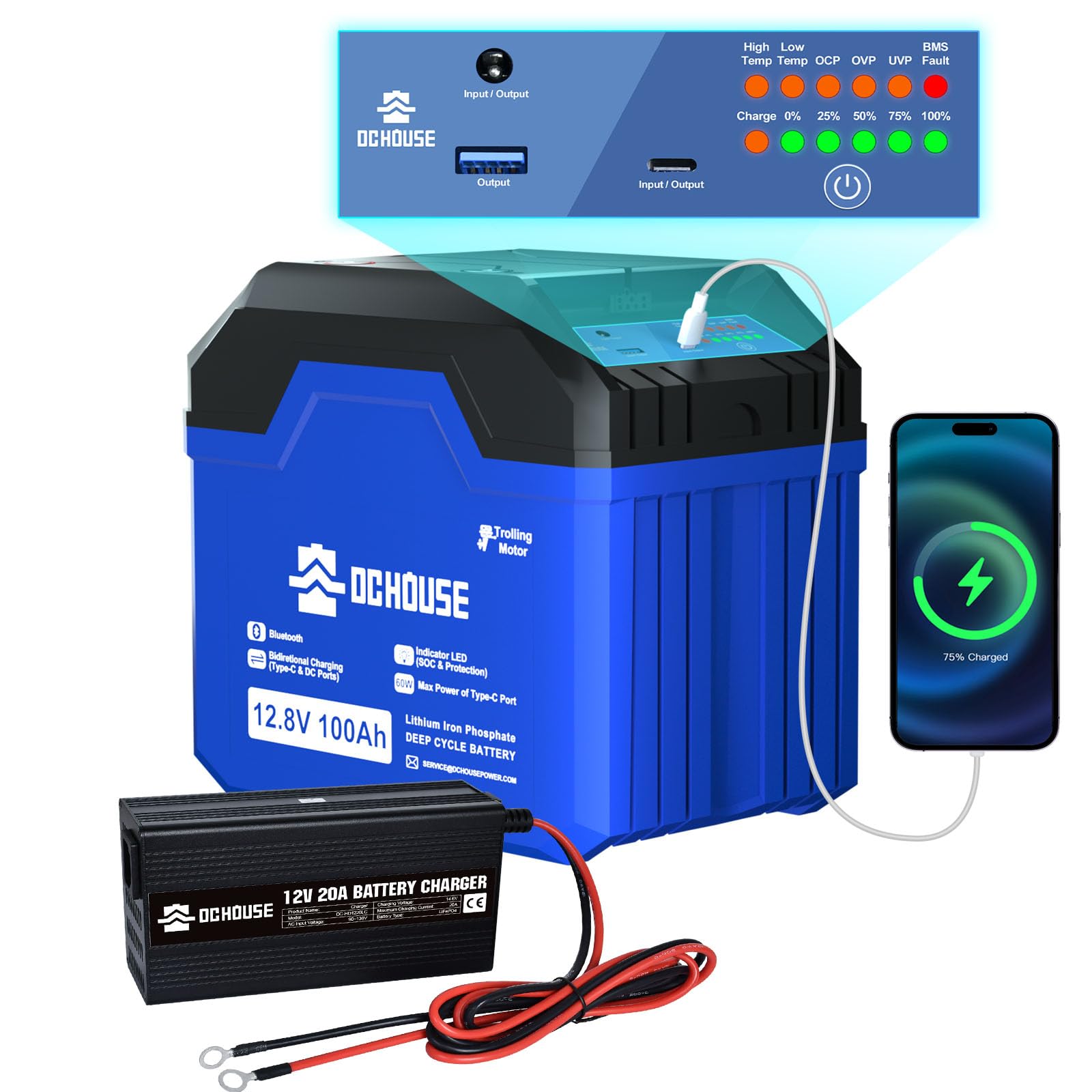 DCHOUSE LiFePO4 100Ah 12V Lithium Battery with 20A Battery Chargers, Up to 15000 Cycles, 1280Wh Lithium Battery, for Trolling Motors, Motorhomes, Solar System, Camping, Off-Grid