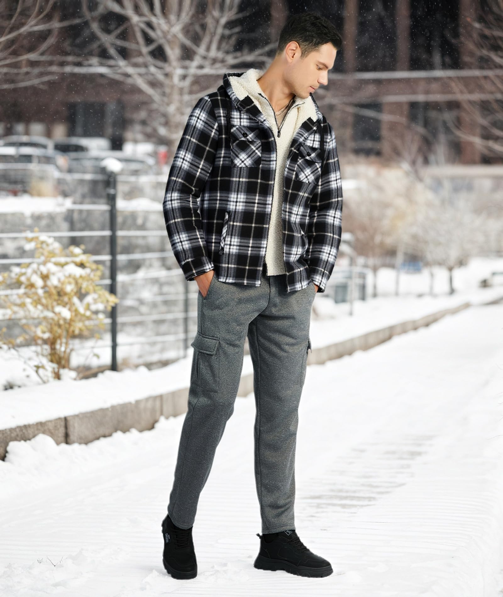JACKETOWN Veste Polaire Homme Avec Capuche Chemise En Flanelle à Carreaux Veste Mi-Saison Chaude Doublée Manteau Décontracté Avec Poches Idéale Pour L’automne Et L’hiver