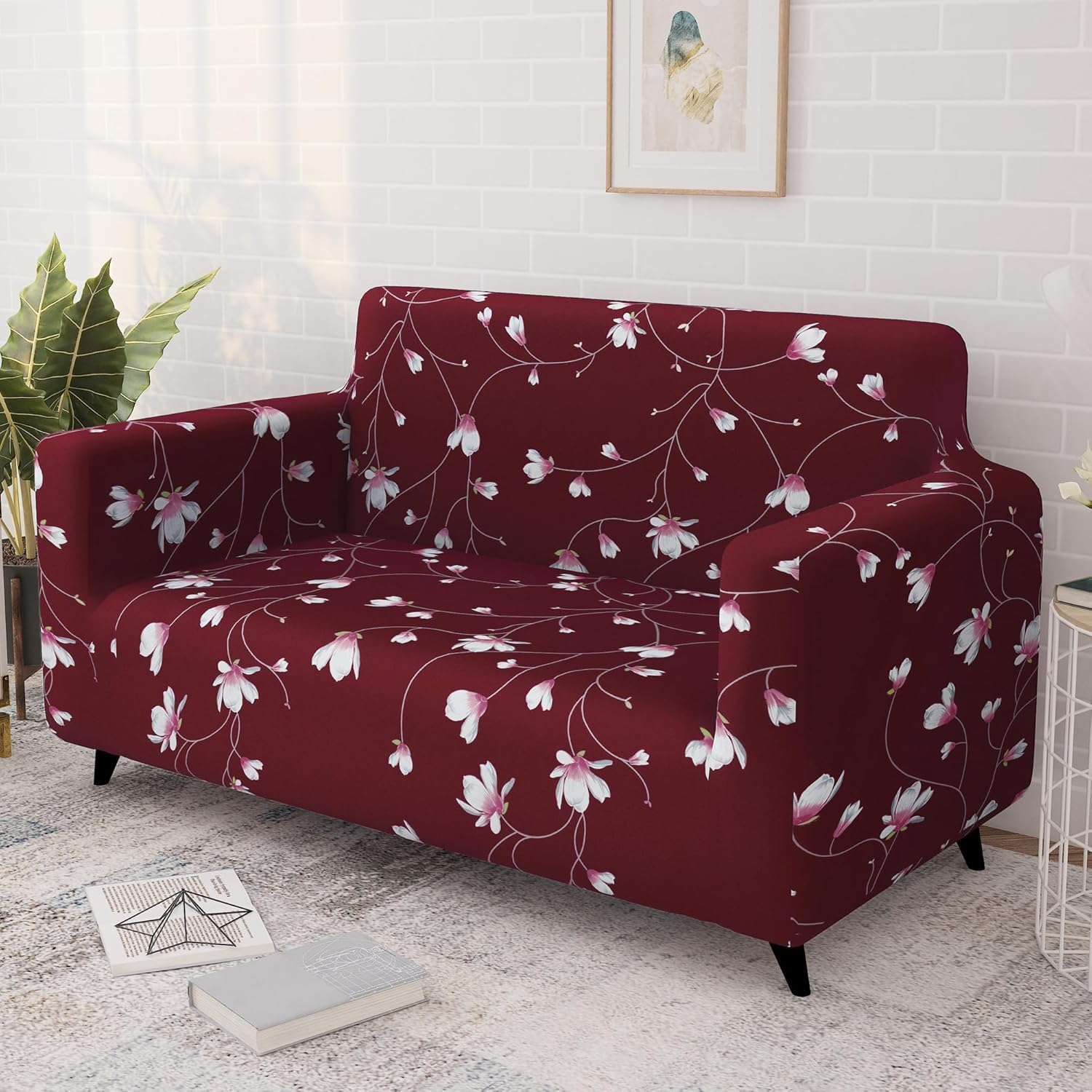 Jai Guruji Handloom | Stretchable Sofa Cover for 3 Seater Sofa, Elastic Washable Couch Cover, Furniture Protector Slipcover for Living Room, Soft Durable Fabric (Maroon Printed Pink Flower)-image-24