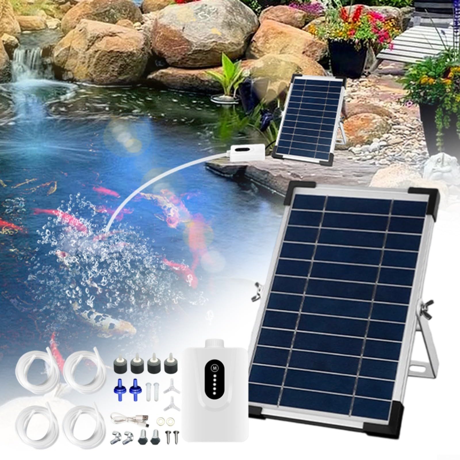 Oxigenador solar para estanque, bomba de aire para acuario, 6 W, 6 V, con batería de 6000 mAh, aireador de estanque oxigenador para pecera, carga dual USB