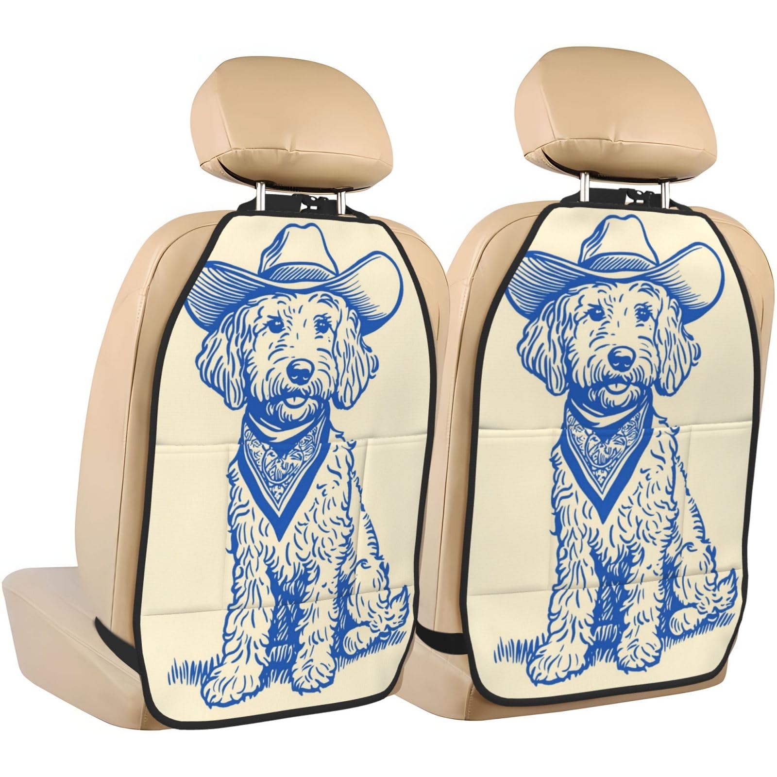 Goldendoodle With Cowboy Hat Simple Car Seat Back Kick Protectors,2 Pack Kick Mats With Storage Pockets For Vehicles To Protect From Dirt Mud Scratches