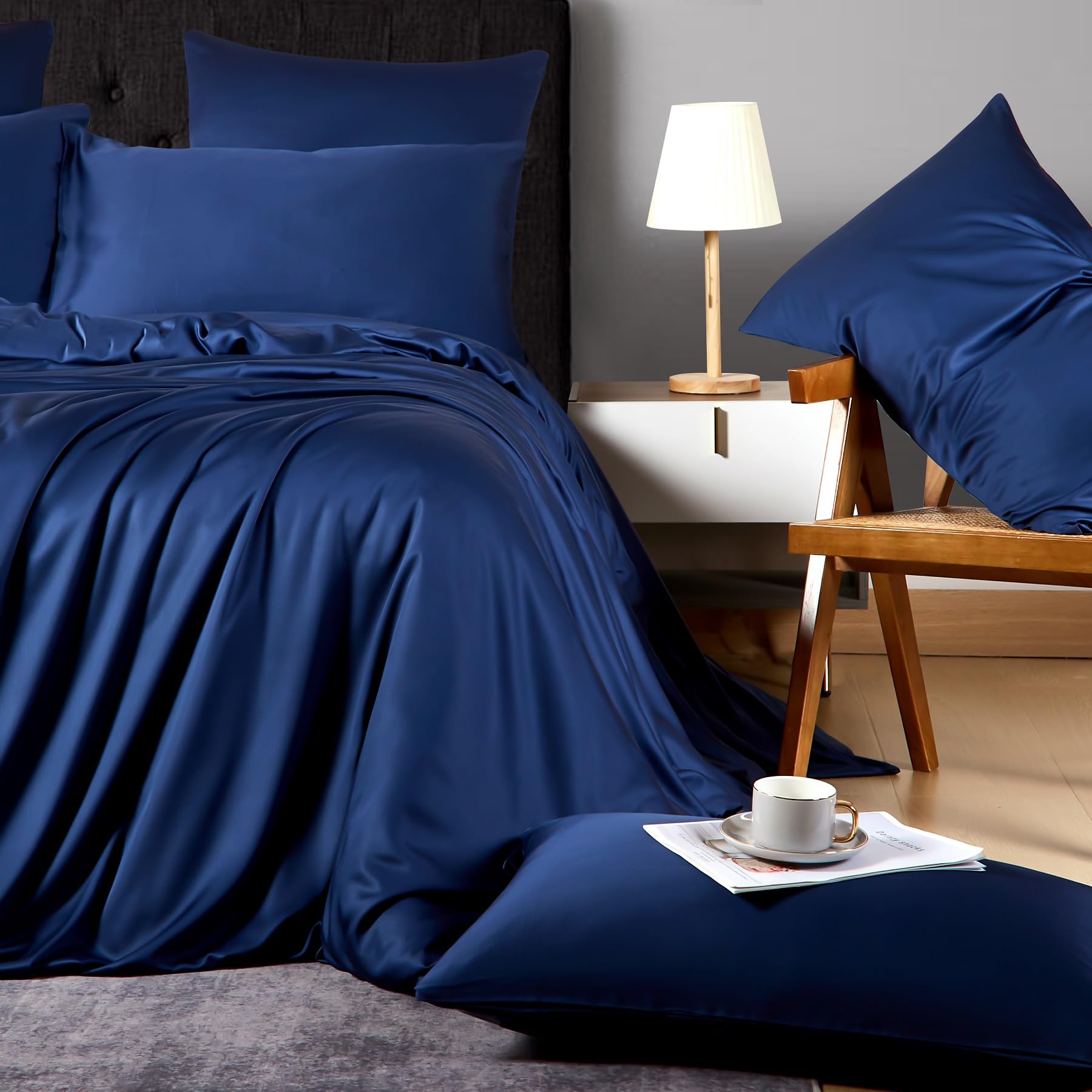Ropa de cama de bambú de 155 x 220 cm, color azul liso, 50 % bambú lyocell, ropa de cama refrescante, suave y transpirable, de seda sedosa, juego de 3 piezas con cremallera y 2 fundas de
