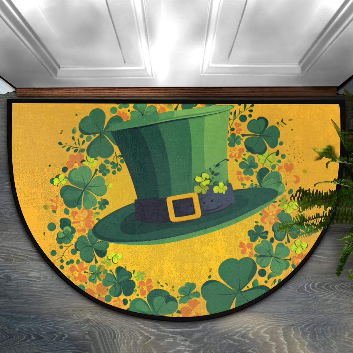 Half Round Door Mat St. Patrick's Day Shamrock Hat Non-Slip Semi Circle Area Rug Washable Semi Circle Floor Rug for Indoor Outdoor Living Room Bathroom Kitchen Patio Hearth Rugs Home Decoration