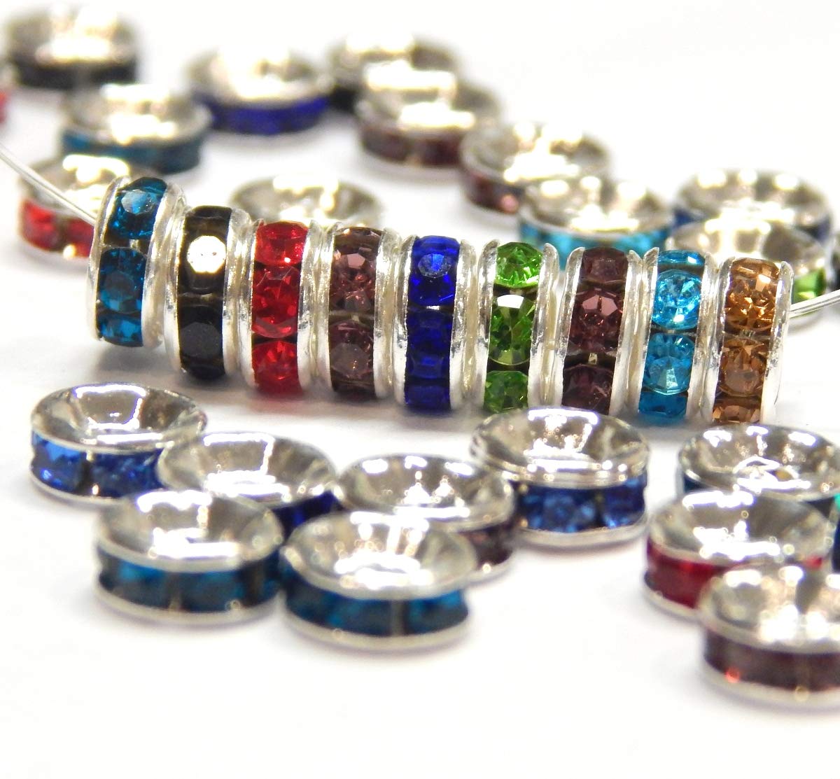 Pack of 50 Crystal Rhinestone Rondelle Mix Colourful Spacer Beads, 8 mm Spacer Beads, Metal Beads, Crystal Beads - Image 4