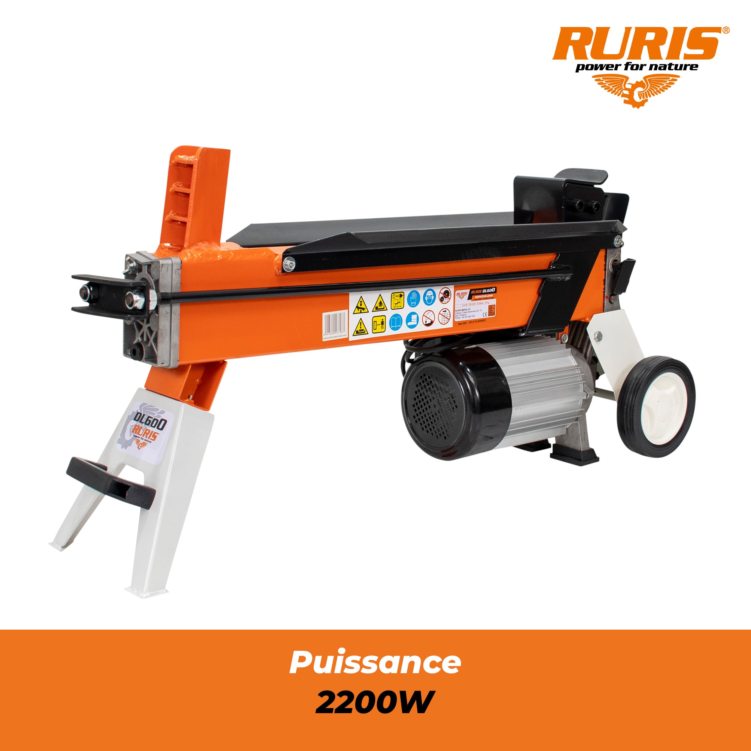 RURIS POWER FOR NATURE Fendeur de Bûches Électrique DL600-6 Tonnes, 2200W, 230V, Longueur Max 52 cm, Diamètre 25 cm, Compact et Transportable, pour Bois de Chauffage