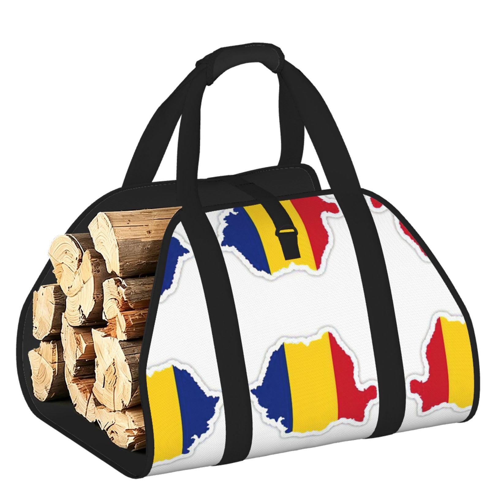 Romania Flag Map Printed Firewood Log Carrier, Large Tote Bag with Reinforced Handles for Camping Fireplace Home