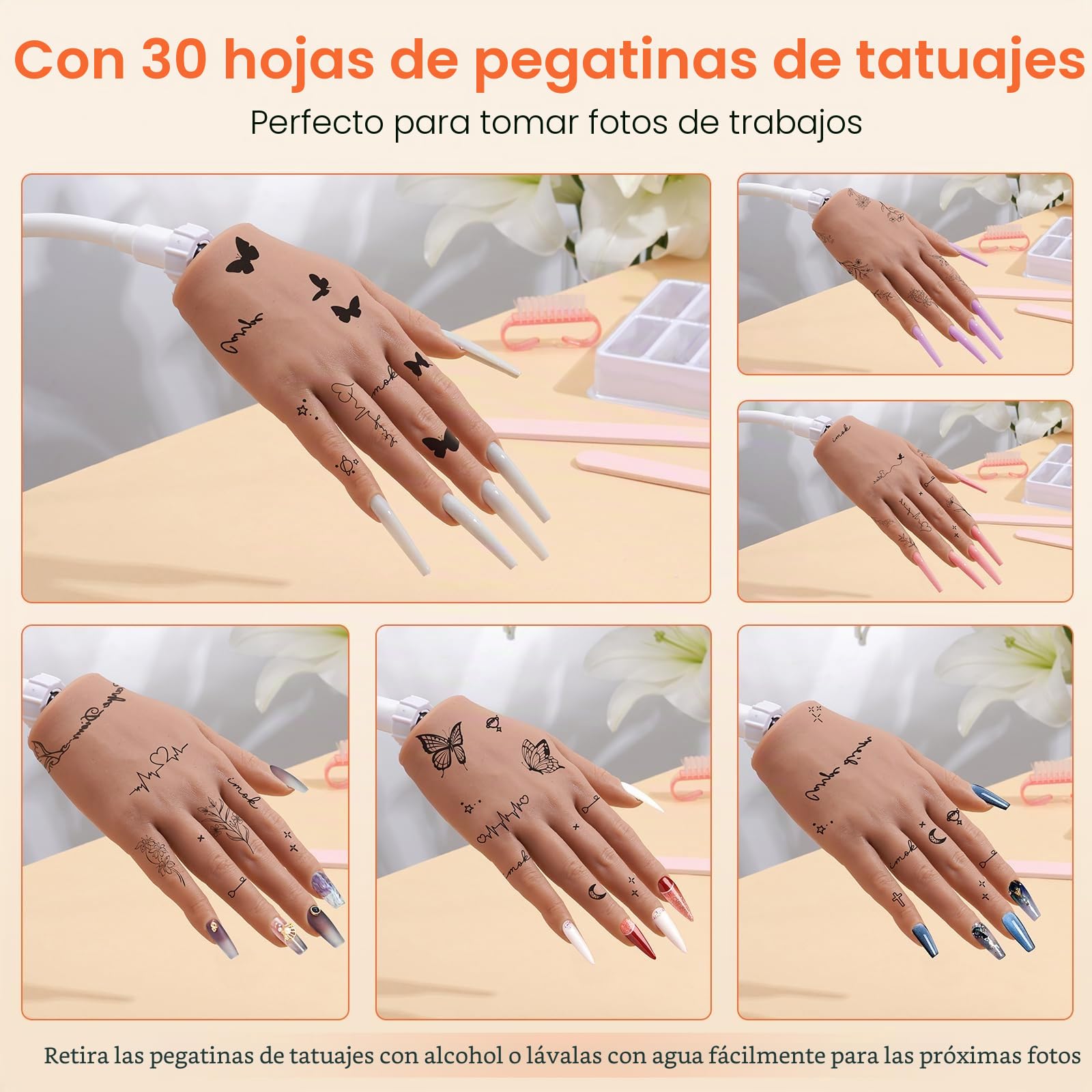 Deciniee Mano para Practicar Uñas: Silicona Mano de Practicas de Uñas Con 240 Puntas De Uñas/5PCS Set de Nail Art Cepillo/Archivo De Uñas – Manicura De Uñas