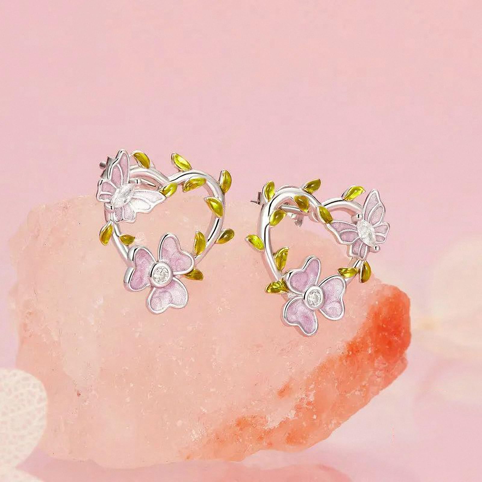 YCTTKDD 925 Sterling Silber Glyzinie Blume Schmetterling Ohrstecker Herz Ranke Ohrringe für Frauen Romantischer Schmuck