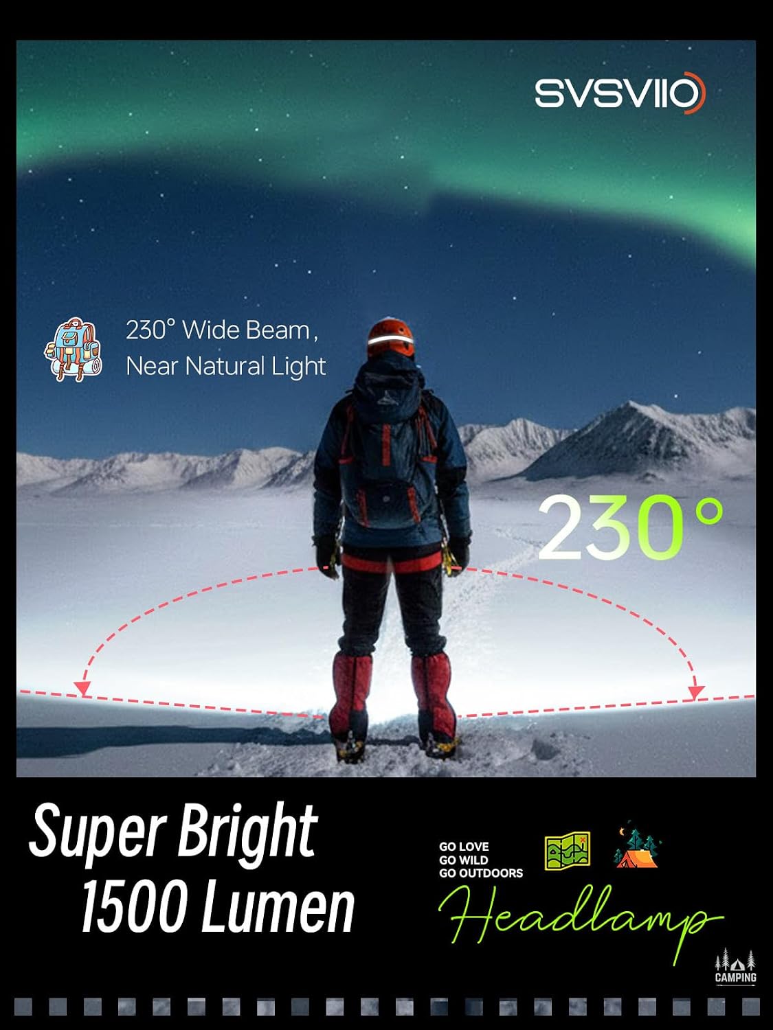 svsviio K0206 1500 Lumens Rechargeable LED Headlamp,Super Bright 230° Wide Beam Head lamp,3 Modes,Lightweight,IPX5,Head Lights for Forehead,Hard Hat Flashlight for Adults Camping Essentials Gear